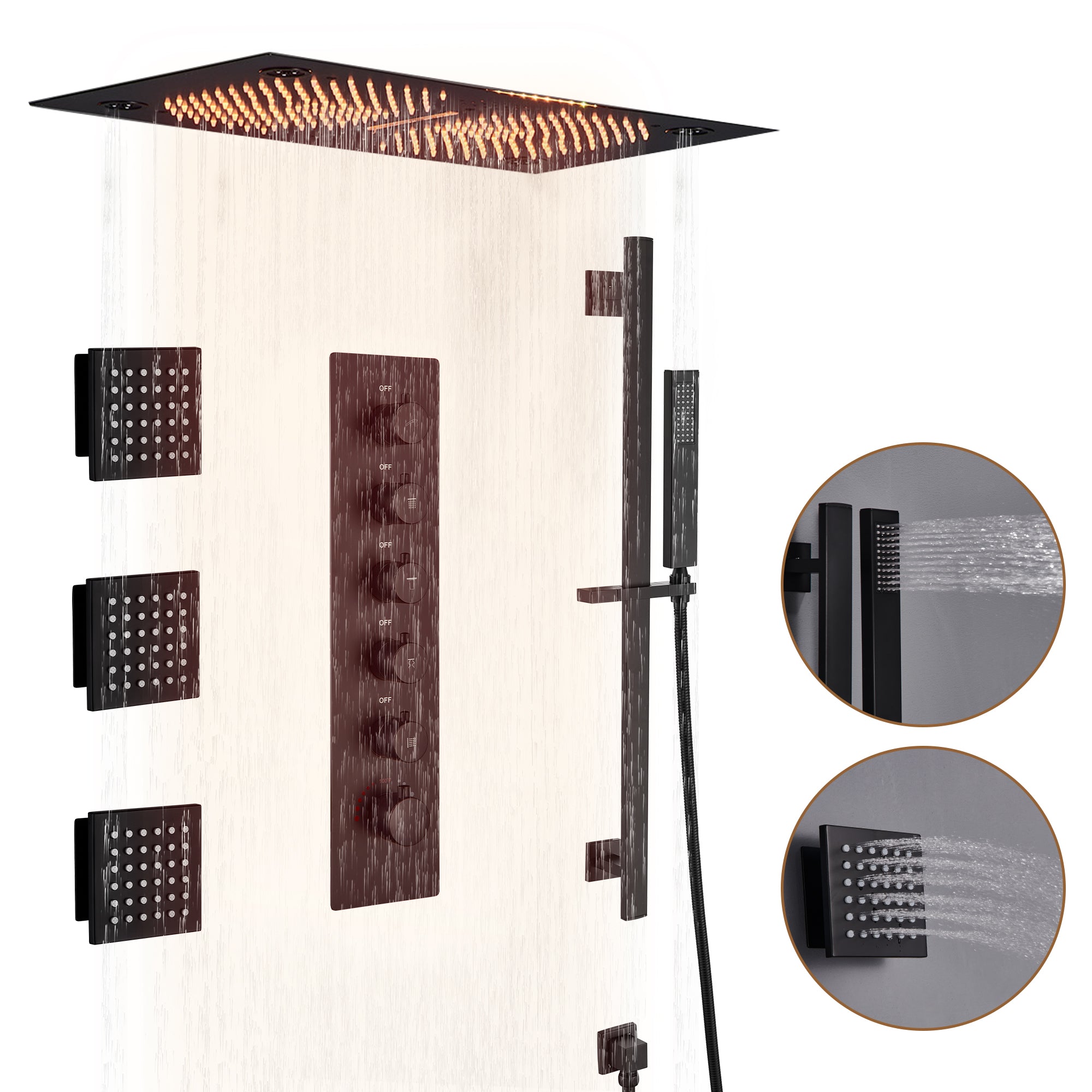 27.6" x 15.7" Luxury Thermostatic Shower System with LED Rainfall & Waterfall