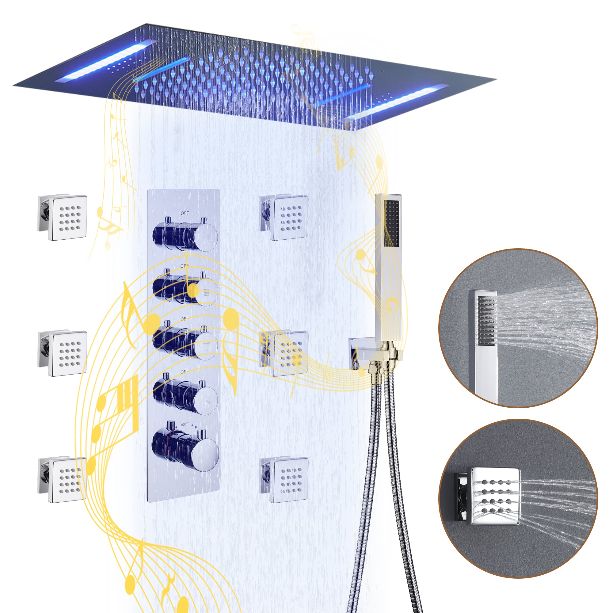 Deluxe 4-Function Thermostatic Shower System with LED Lighting & Bluetooth Music 