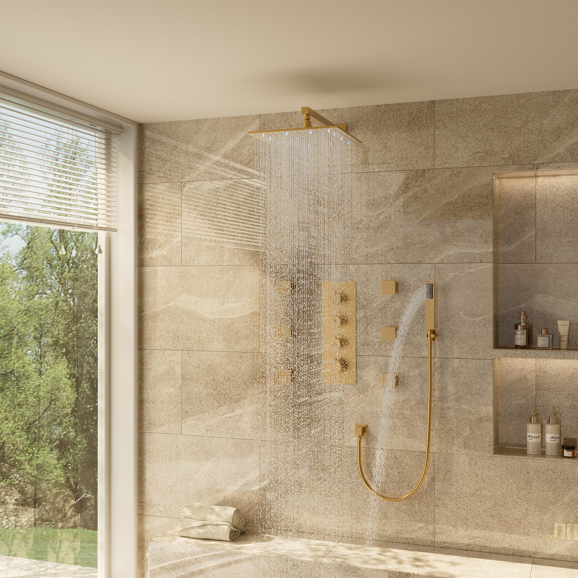 12" Thermostatic LED Shower System Wall-Mount Rain Showerhead with 6 Body Jets