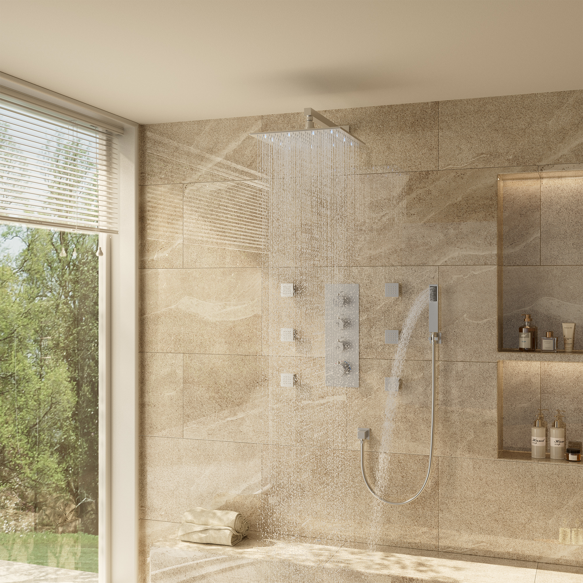 12" Thermostatic LED Shower System Wall-Mount Rain Showerhead with 6 Body Jets