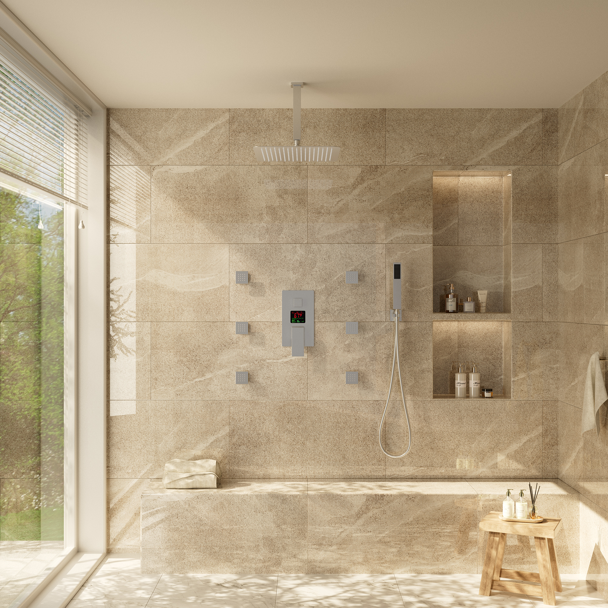 12" Ceiling-Mounted Shower System with Digital Display & 6 Body Jets