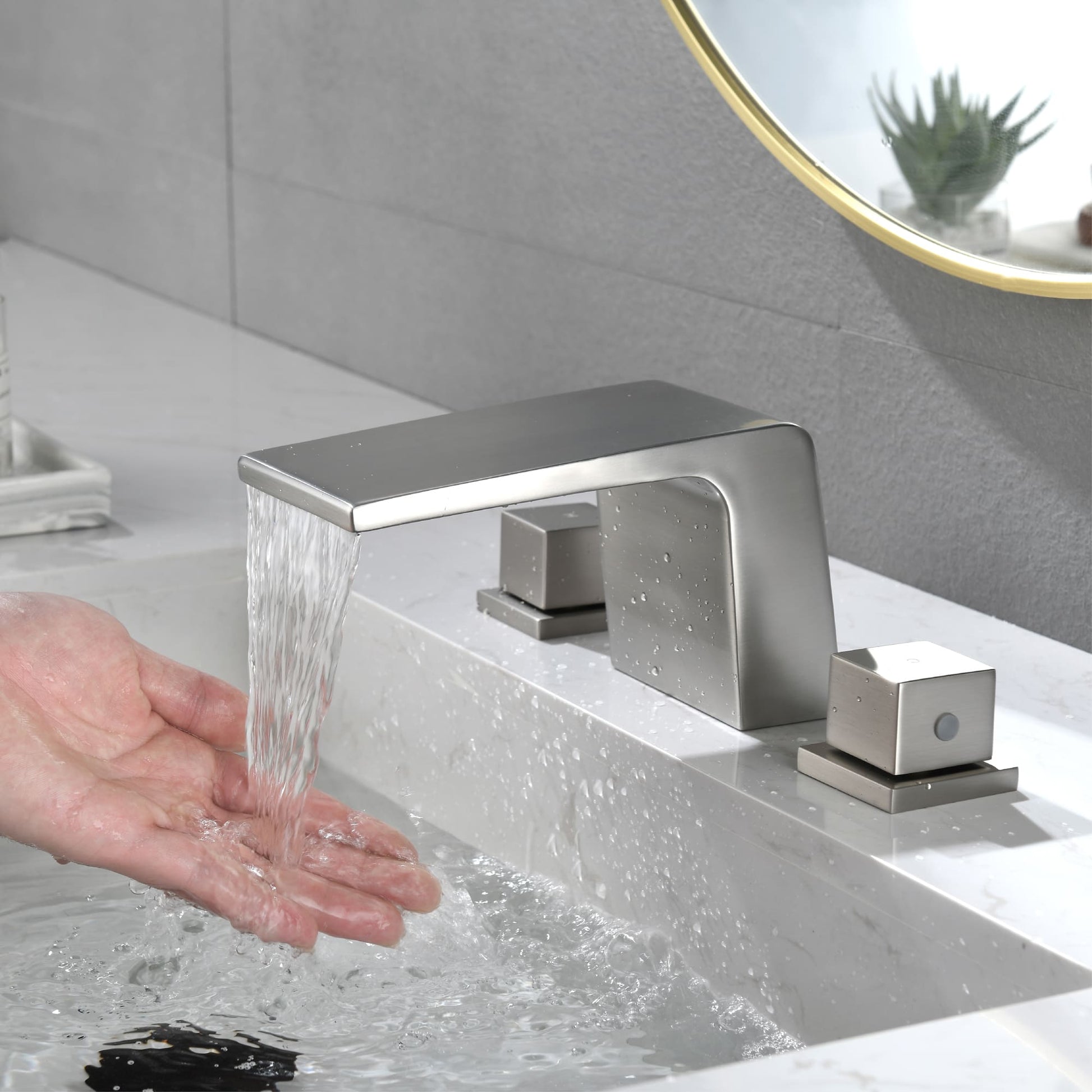 2-Handle Waterfall Bathroom Sink Faucet with Solid Brass Body and Zinc Handles