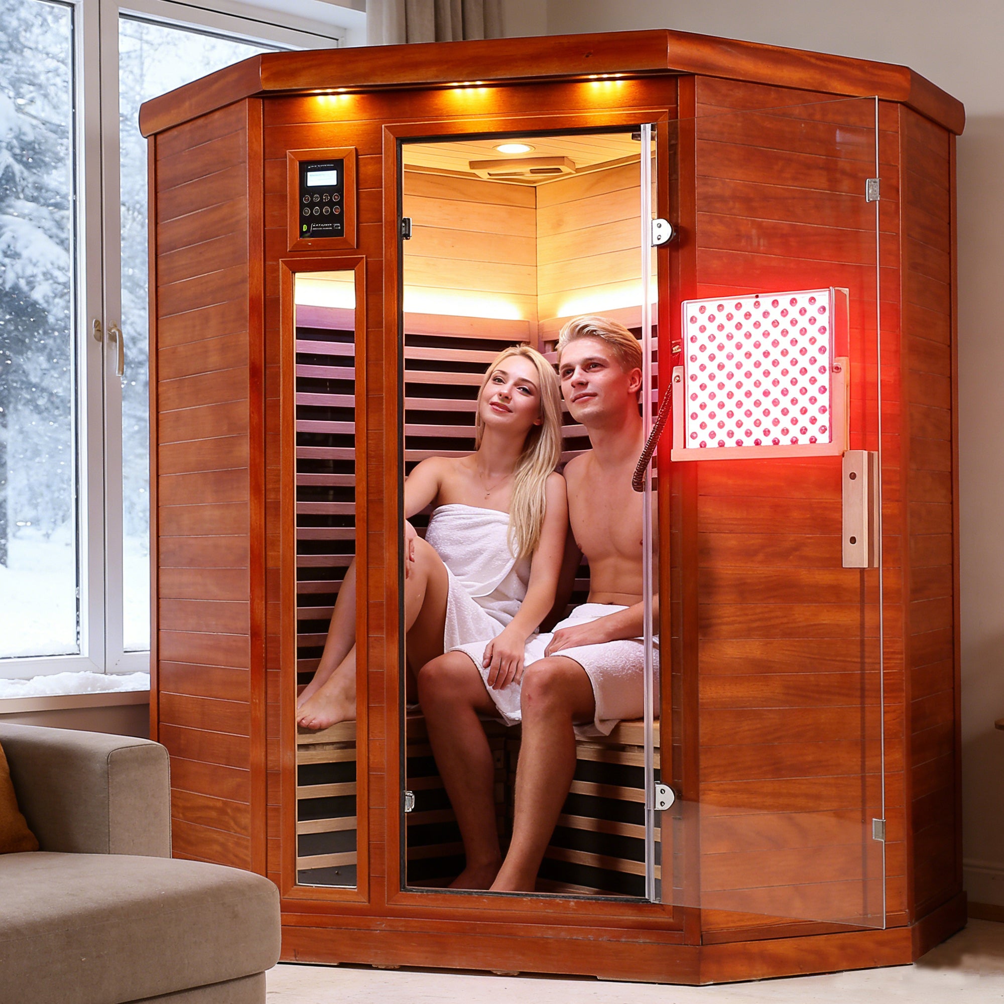 2-Person Far Infrared Corner Sauna Room Low EMF Red Sauna Therapy