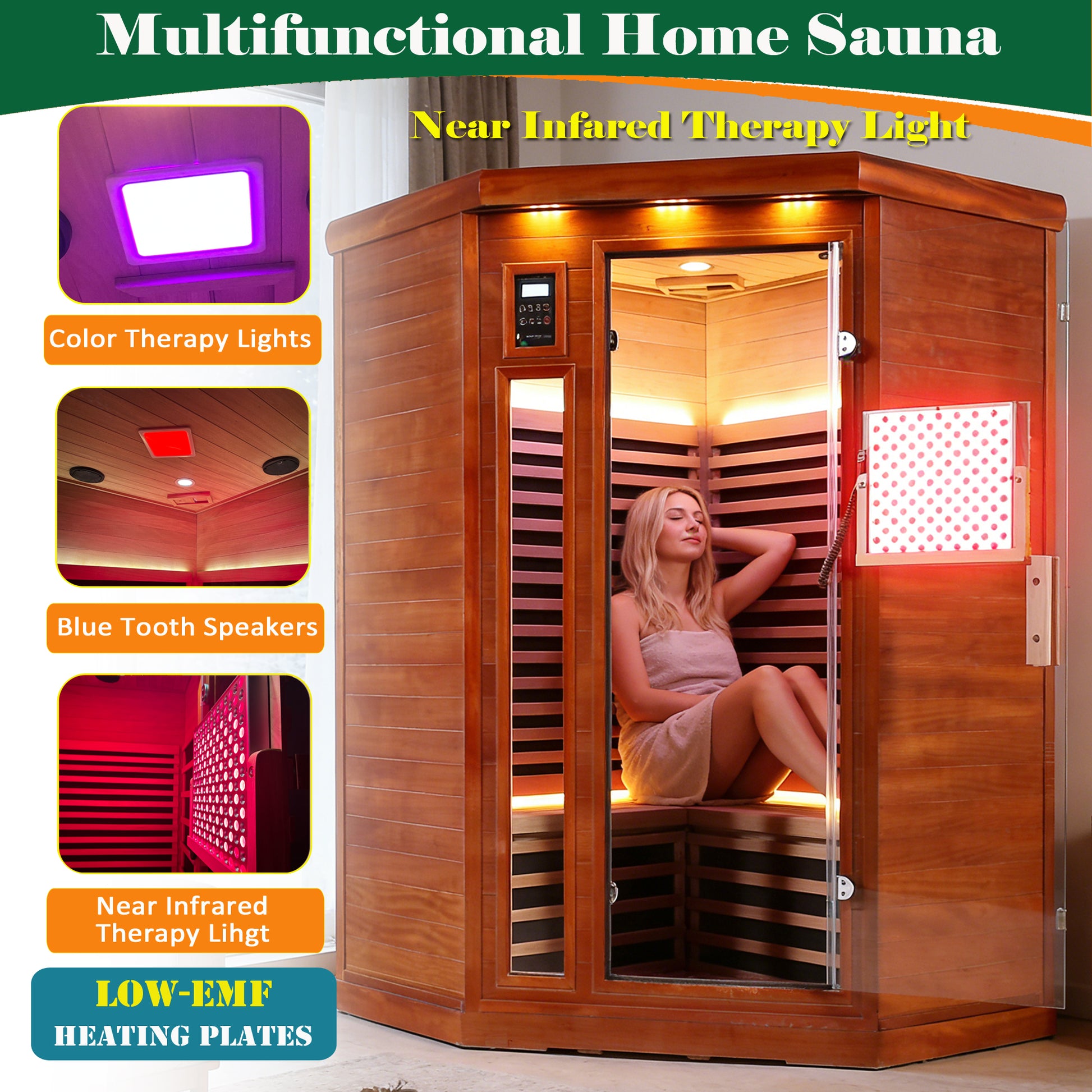 2-Person Far Infrared Corner Sauna Room Low EMF Red Sauna Therapy