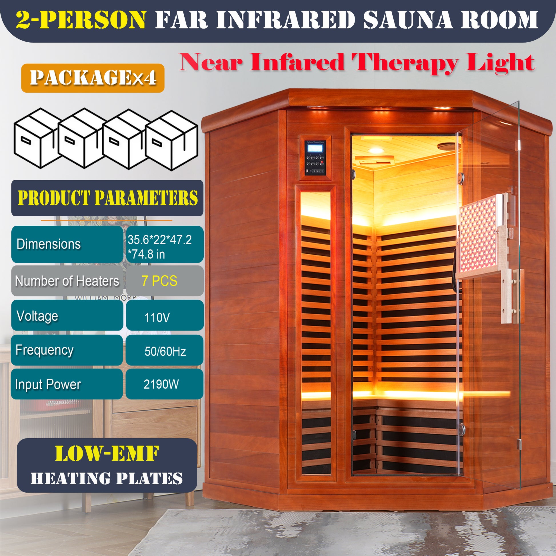 2-Person Far Infrared Corner Sauna Room Low EMF Red Sauna Therapy