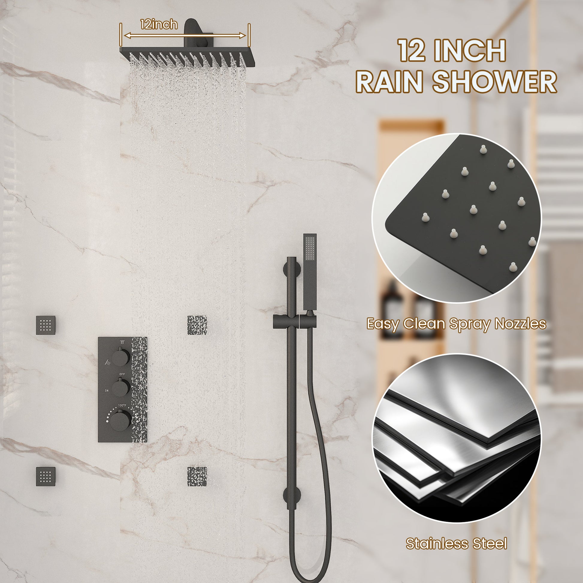 12-inch 3-Function Thermostatic Rain Shower System with Body Jets & Slide Bar
