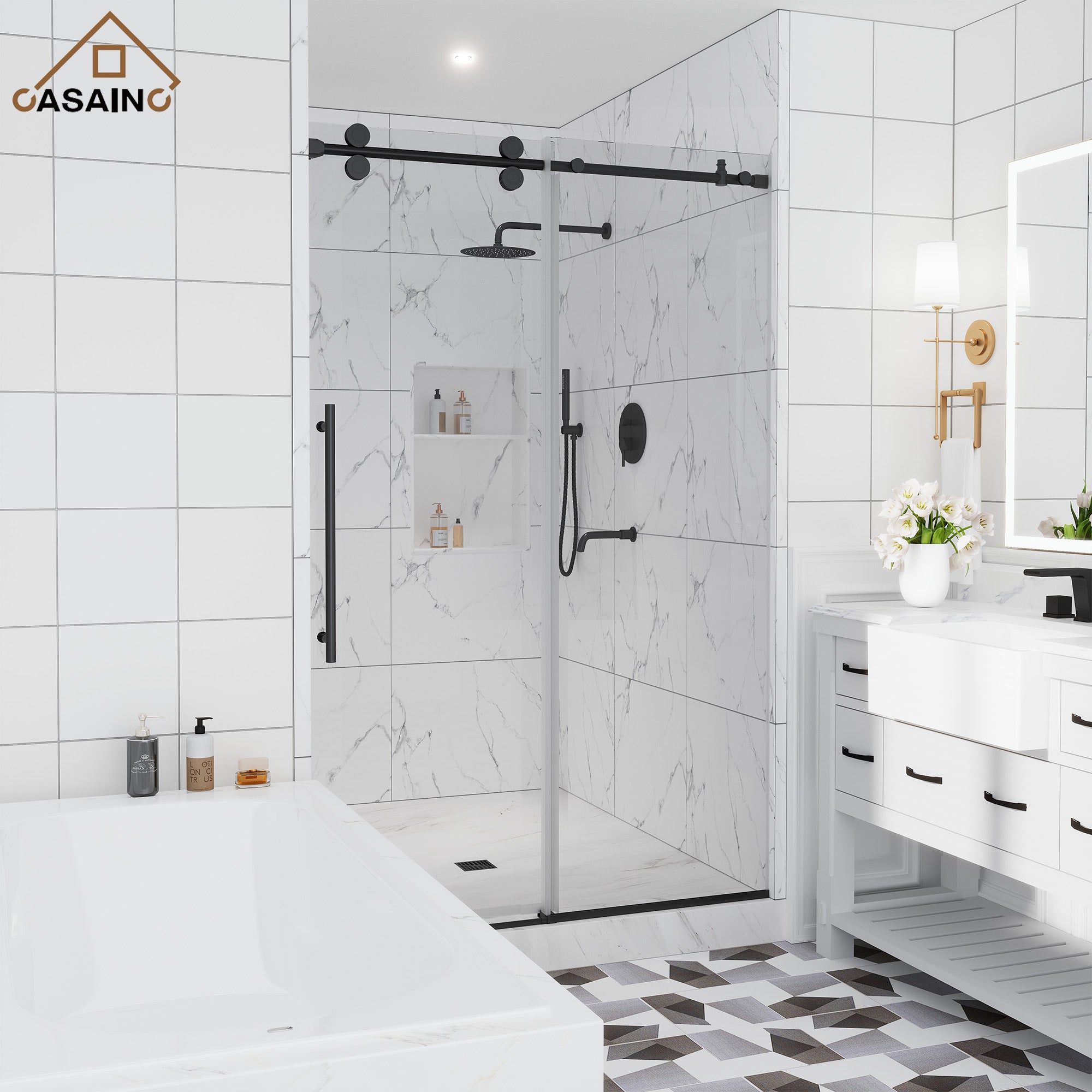 48"x76" Frameless Single Sliding Shower Door in Matte Black/Brushed Nickel/Chrome, Reversible Installation