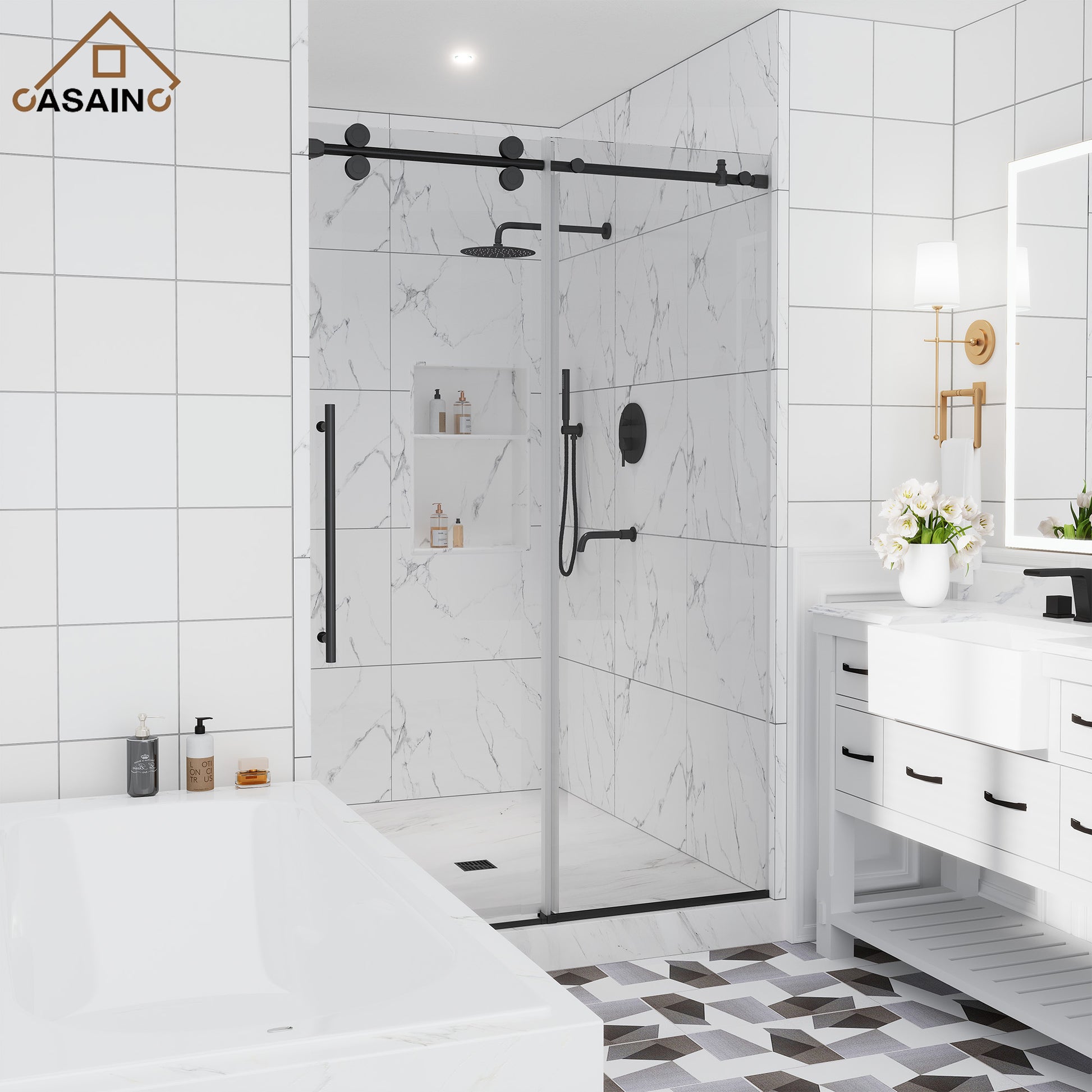 48"x76" Frameless Single Sliding Shower Door in Matte Black/Brushed Nickel/Chrome, Reversible Installation