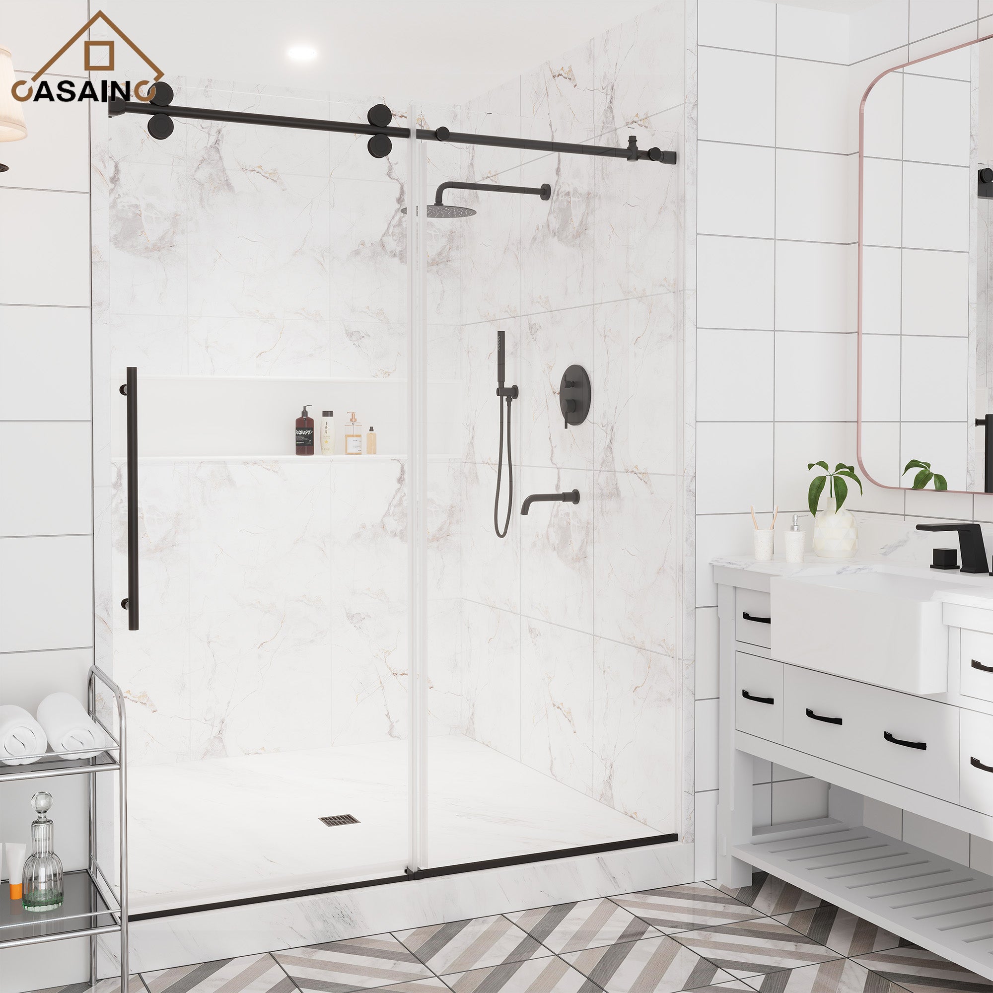 60"x76" Single Sliding Frameless Shower Door in Matte Black/Brushed Nickel/Chrome, 5/16" Thick Tempered Glass with SGCC Certification, Reversible Design