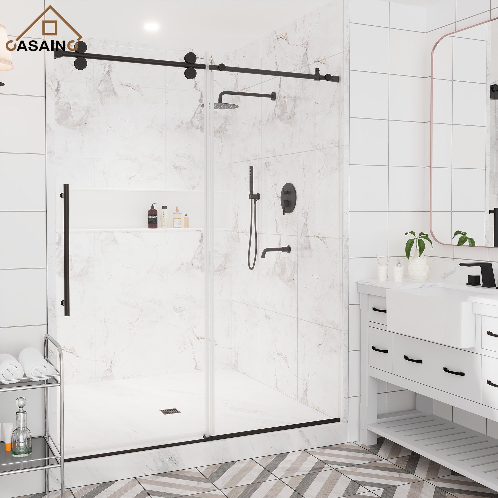 60"x76" Single Sliding Frameless Shower Door in Matte Black/Brushed Nickel/Chrome, 5/16" Thick Tempered Glass with SGCC Certification, Reversible Design