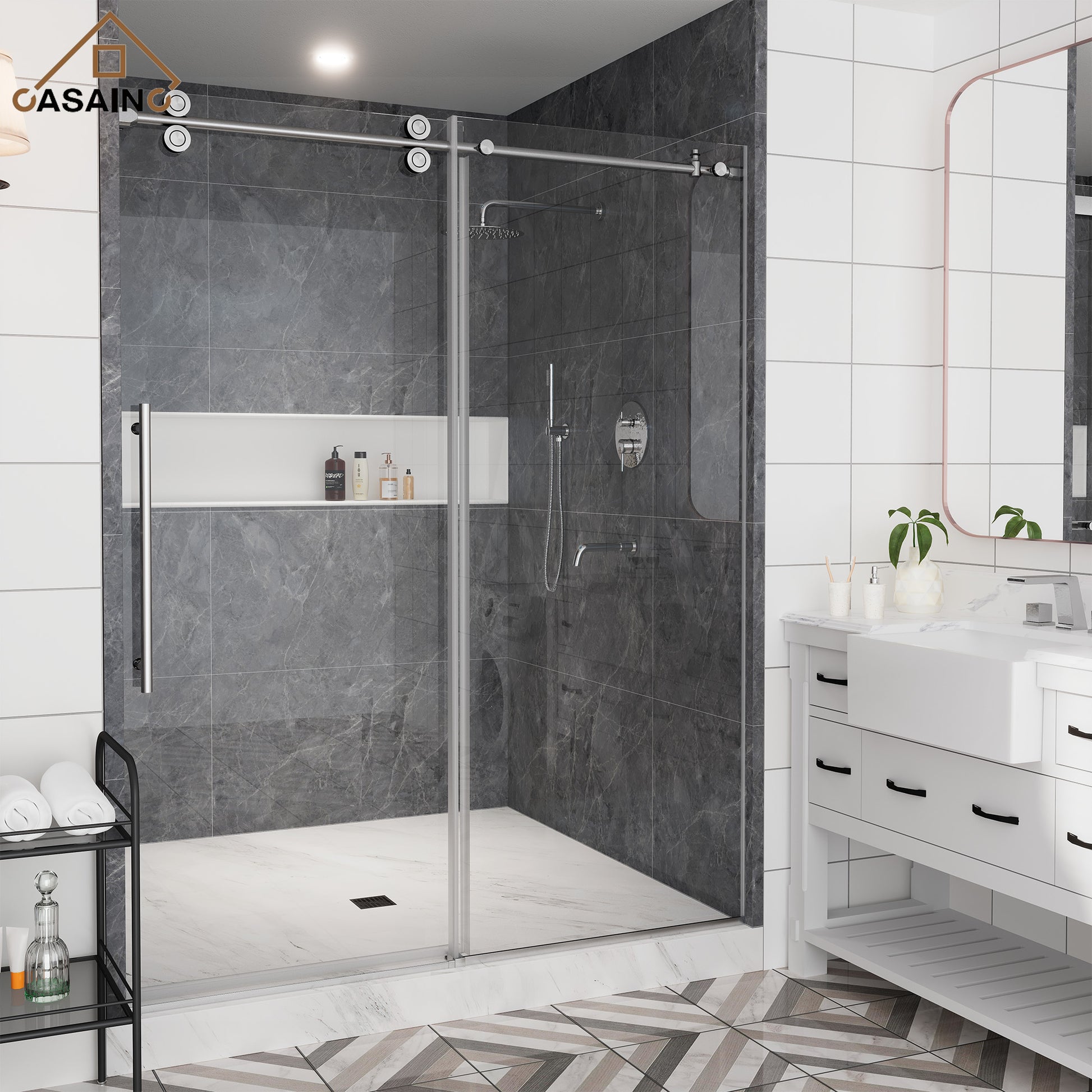 60"x76" Single Sliding Frameless Shower Door in Matte Black/Brushed Nickel/Chrome, 5/16" Thick Tempered Glass with SGCC Certification, Reversible Design