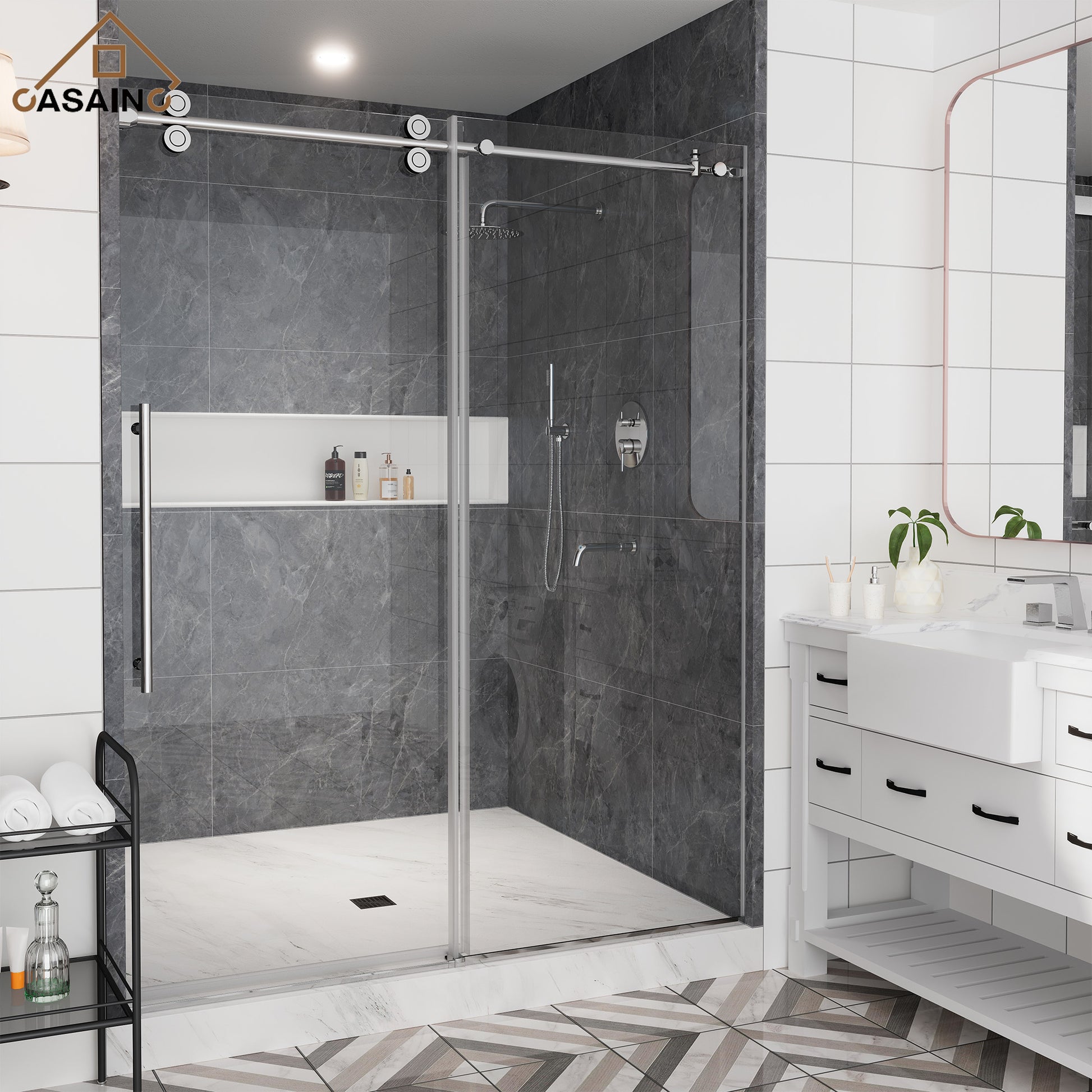 60"x76" Single Sliding Frameless Shower Door in Matte Black/Brushed Nickel/Chrome, 5/16" Thick Tempered Glass with SGCC Certification, Reversible Design