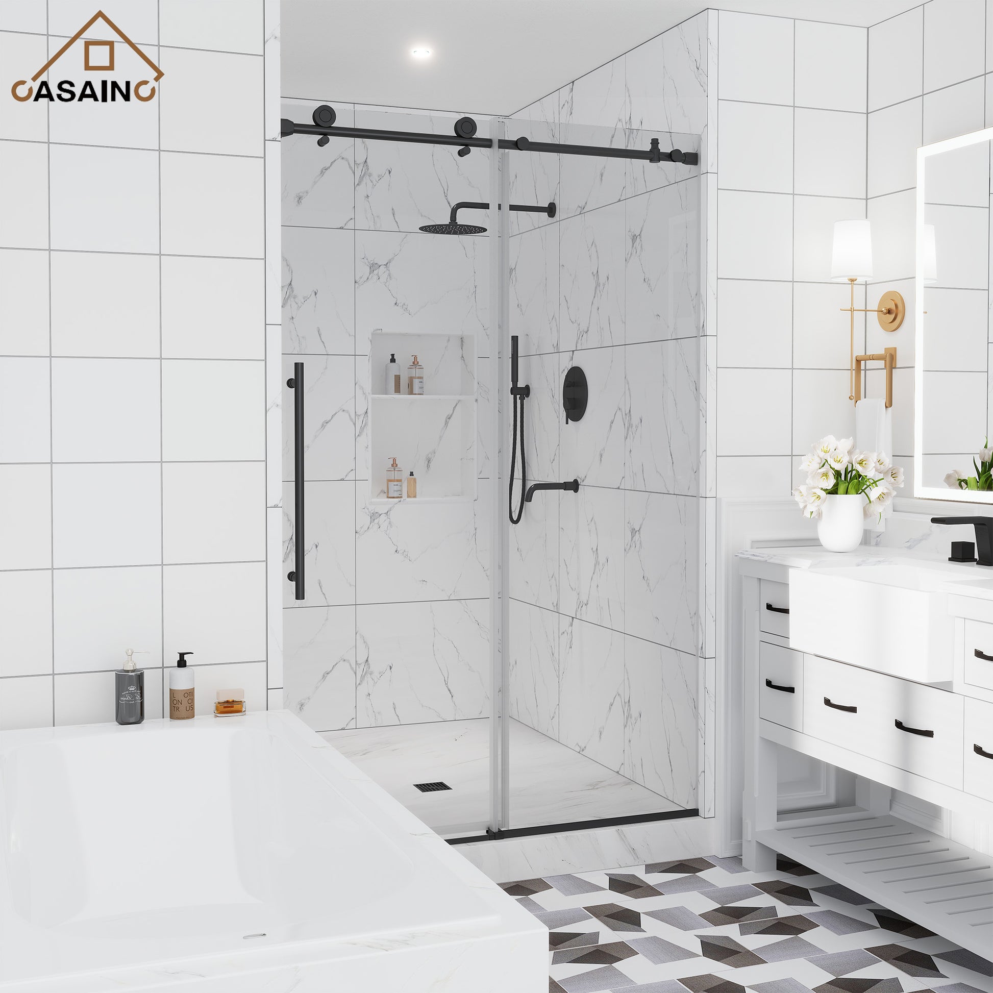 48"x76" Frameless Single Sliding Shower Door in Matte Black/Brushed Nickel/Chrome, Tempered Safety Glass and Reversible Installation