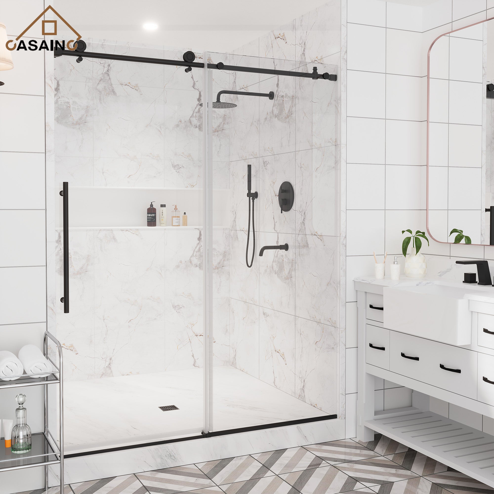 60"x76" Single Sliding Frameless Shower Door in Matte Black/Brushed Nickel/Chrome, Stainless Steel Wheels featuring an Anti-Skid Design