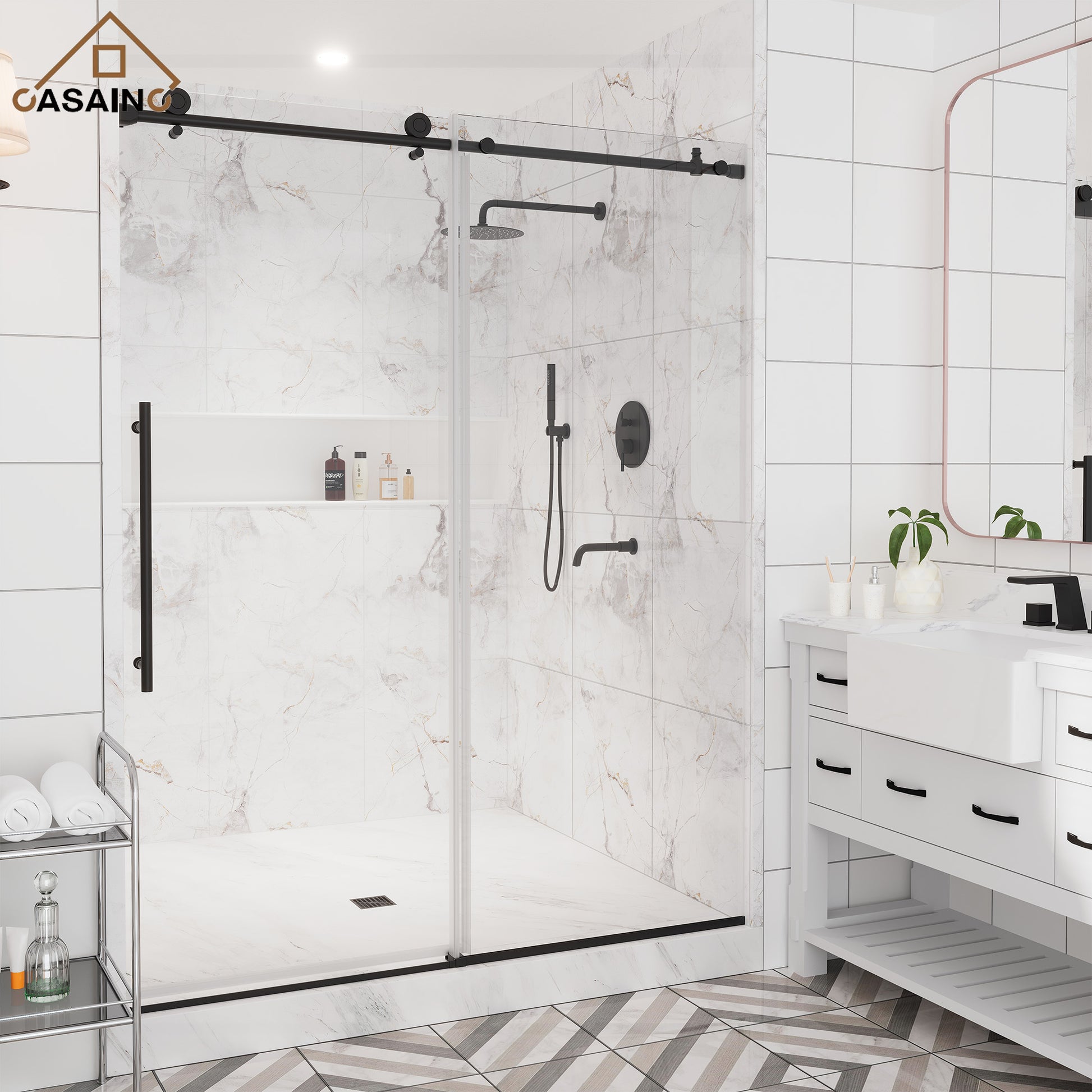 60"x76" Single Sliding Frameless Shower Door in Matte Black/Brushed Nickel/Chrome, Stainless Steel Wheels featuring an Anti-Skid Design