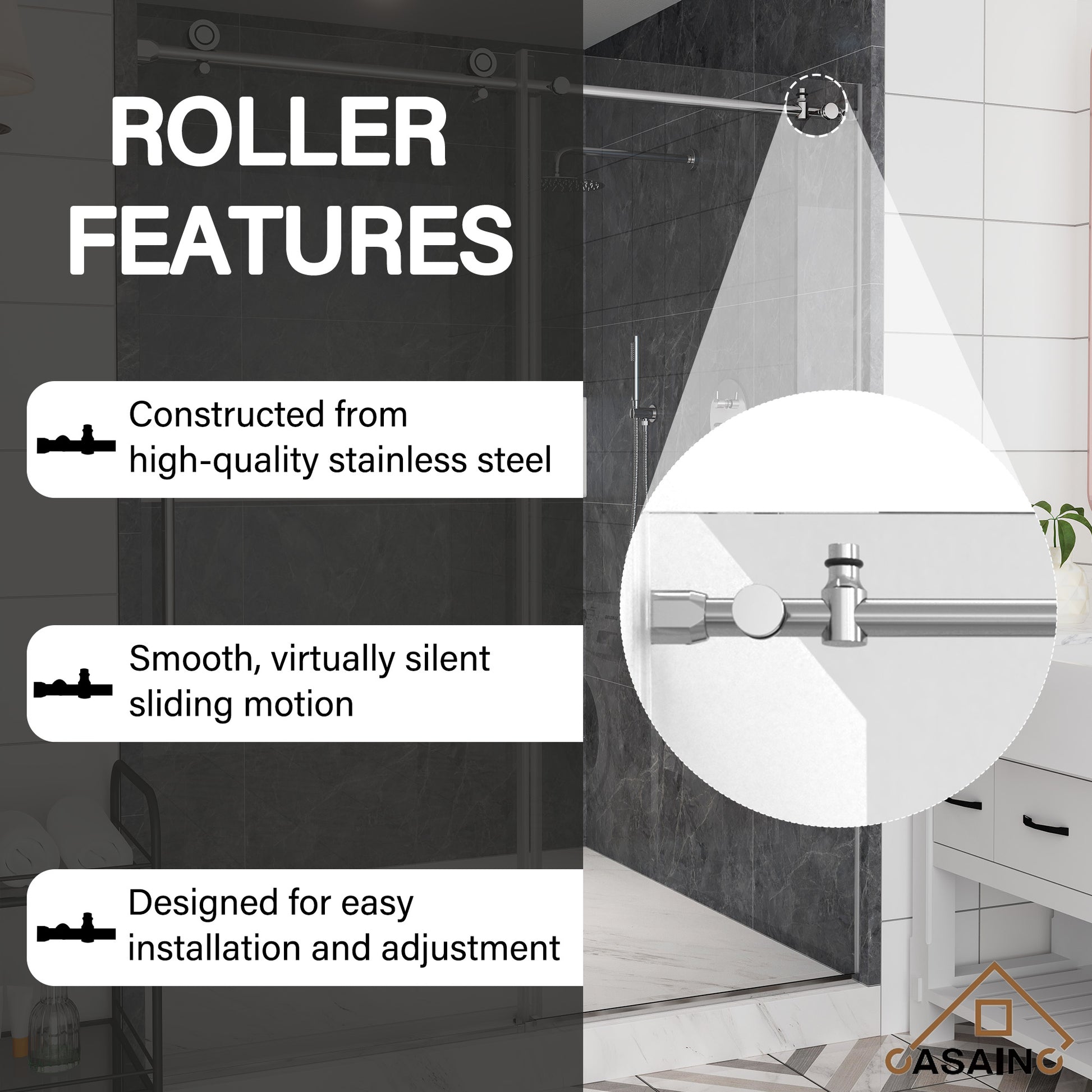 60"x76" Single Sliding Frameless Shower Door in Matte Black/Brushed Nickel/Chrome, Stainless Steel Wheels featuring an Anti-Skid Design