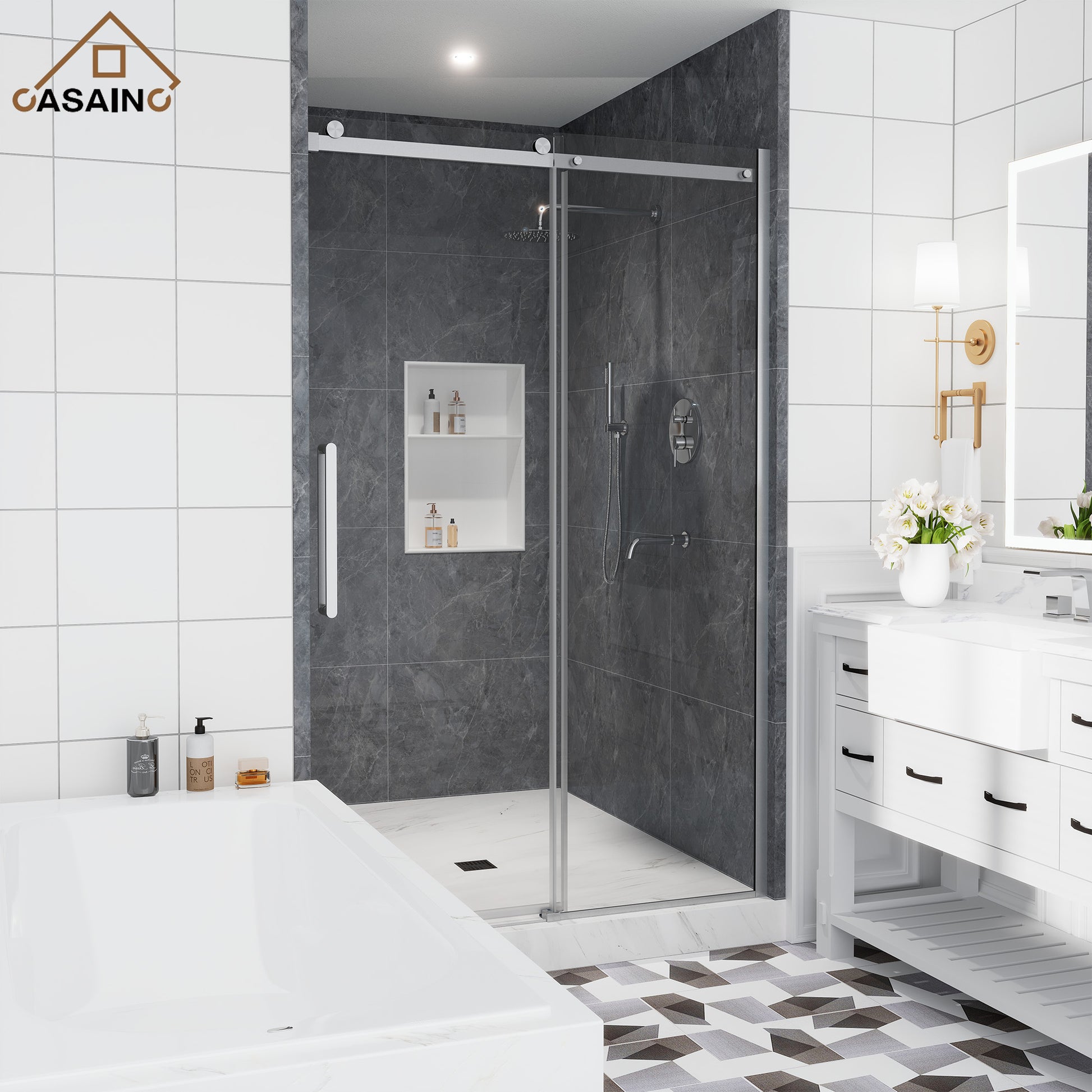 48"x76" Sleek Frameless Single Sliding Shower Door in Matte Black/Brushed Nickel/Chrome with Anti-jump Technology
