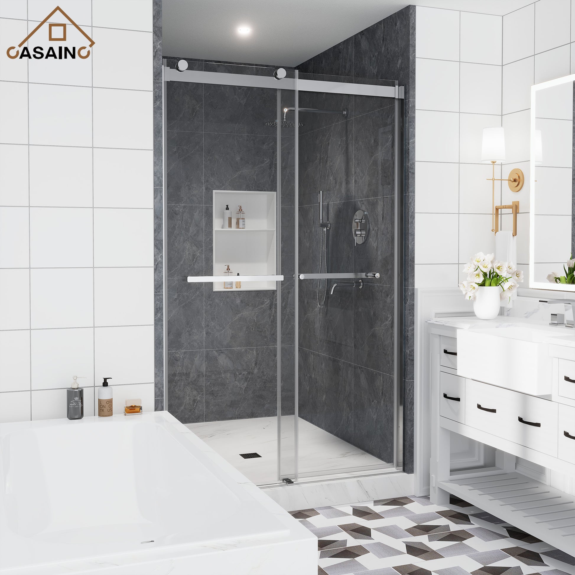 48"x76" Double Frameless Shower Door in Matte Black/Brushed Nickel/Chrome, Sliding Shower Enclosure with Rounded Corners Tempered Glass