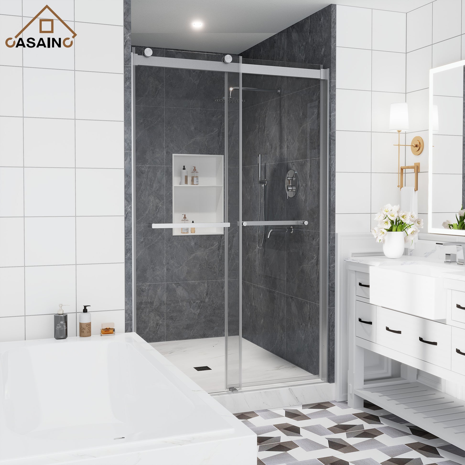 48"x76" Double Frameless Shower Door in Matte Black/Brushed Nickel/Chrome, Sliding Shower Enclosure with Rounded Corners Tempered Glass