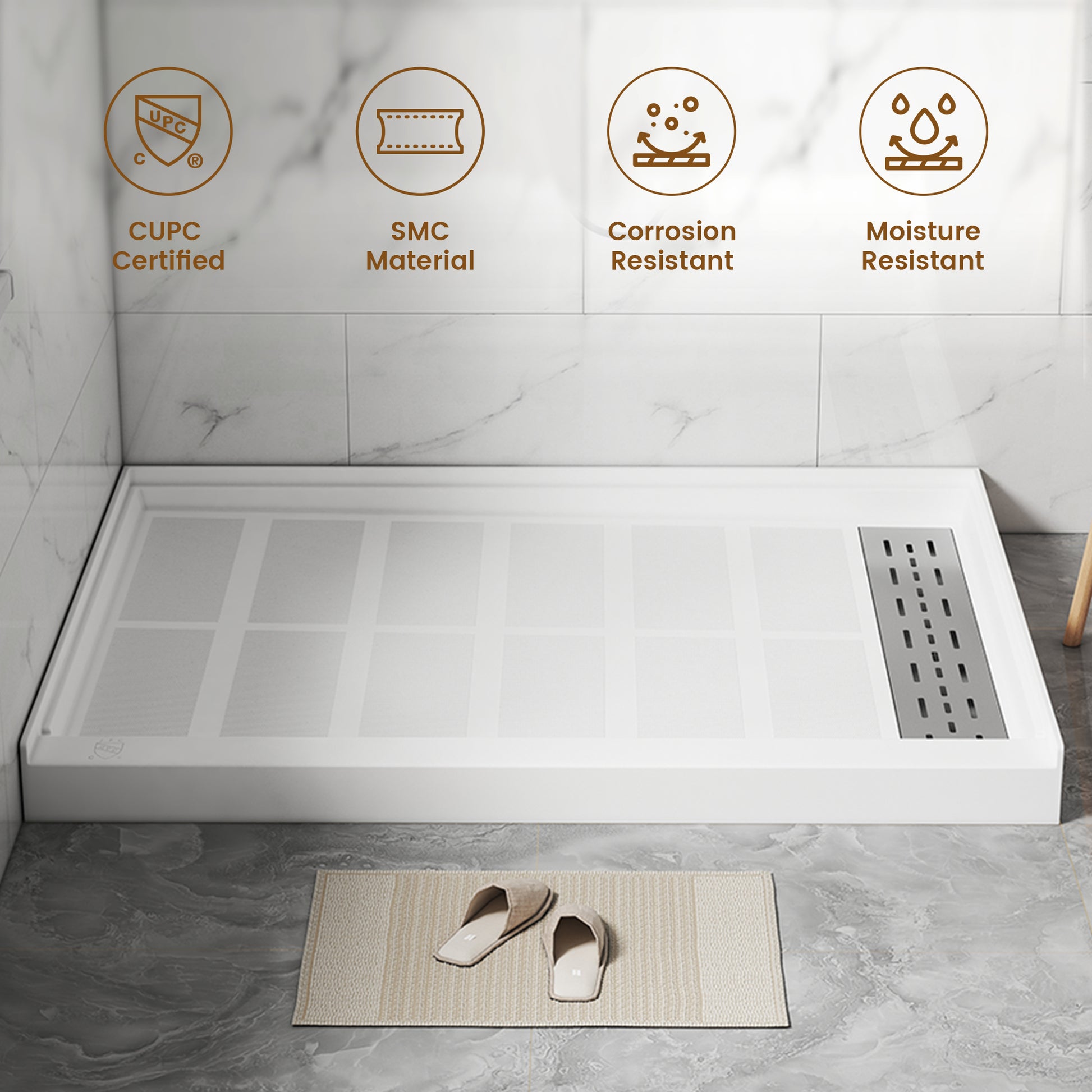 60"x36" White SMC Rectangle Single Threshold Shower Pan Base