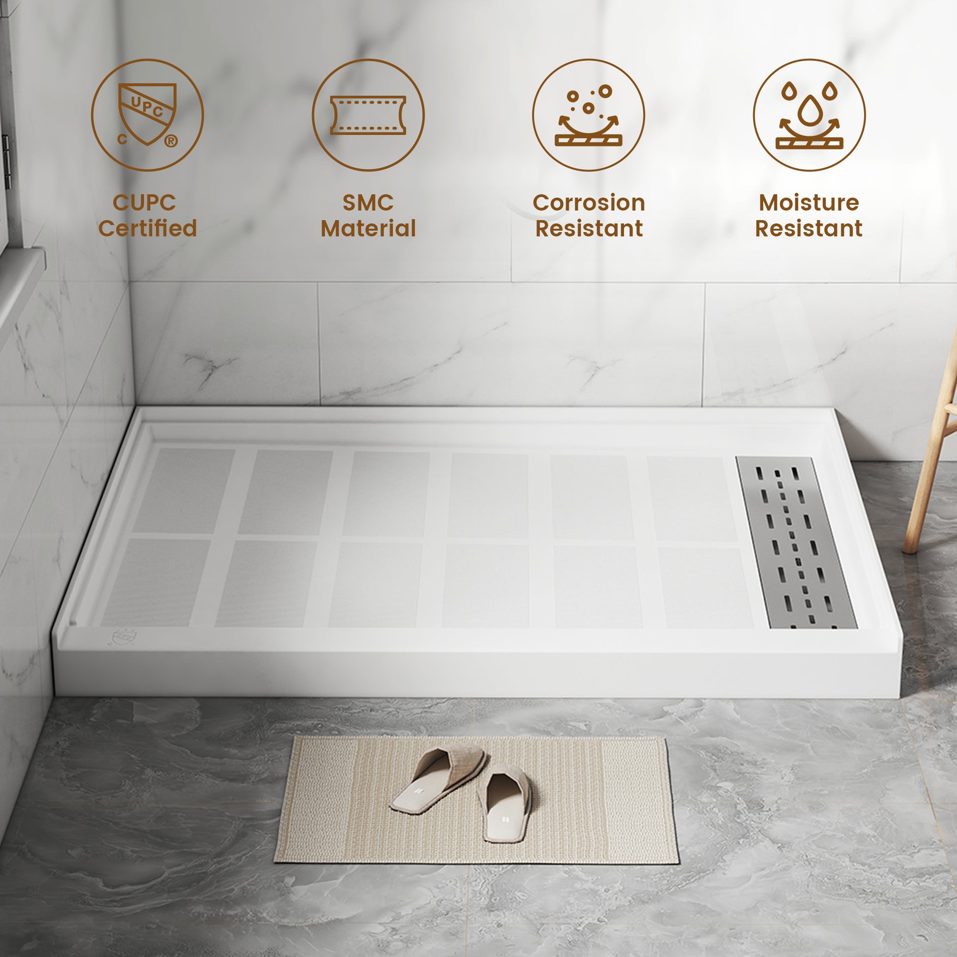 60"x30" SMC Alcove Shower Pan Base in White, Drain Included