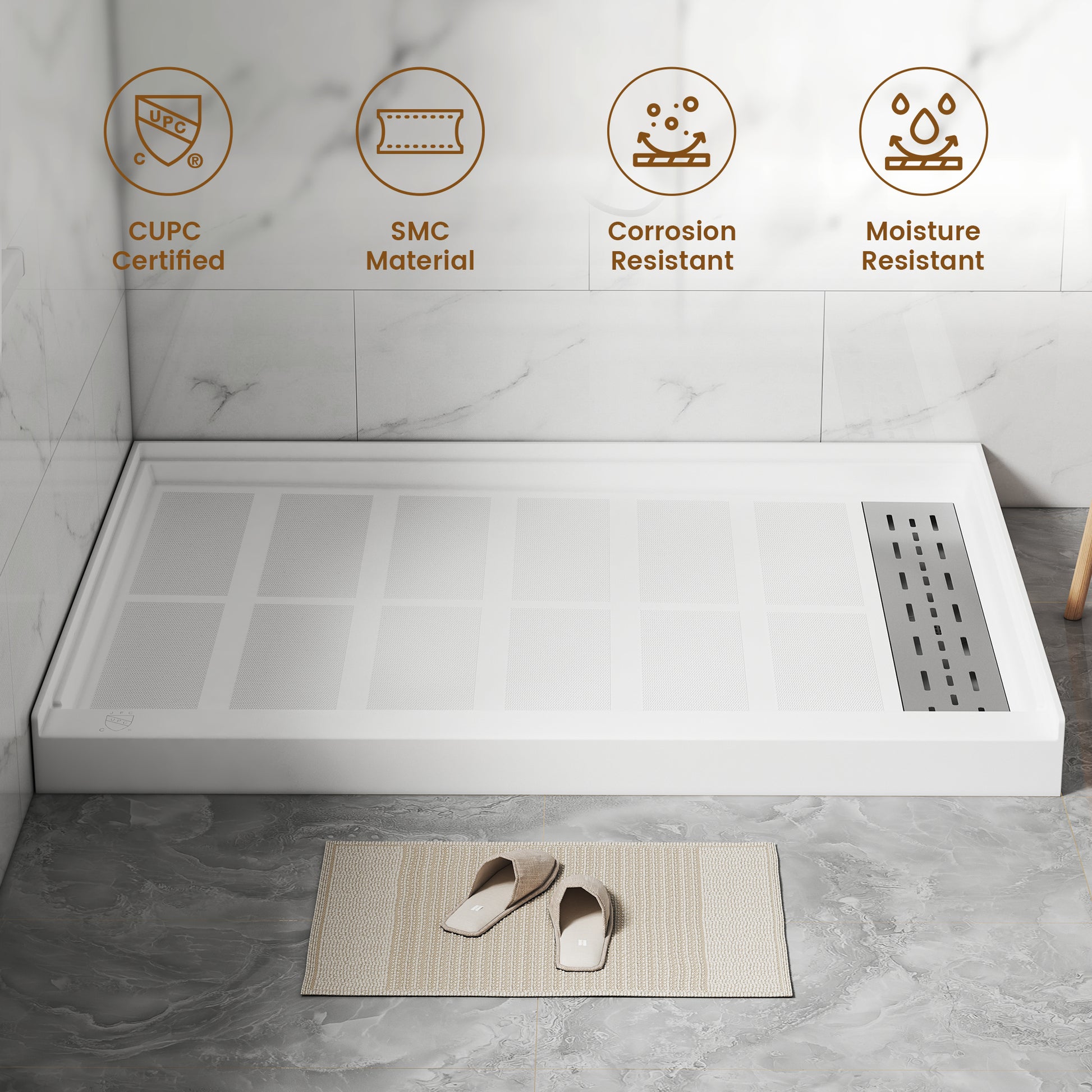 48"x36" SMC White Shower Base with Non-Slip Surface, CUPC Certified