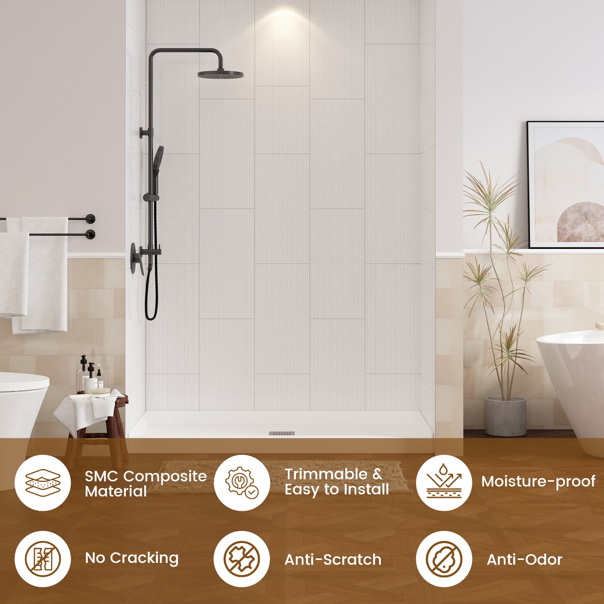 White SMC 3-Piece Glue Up Alcove Shower Wall Surround