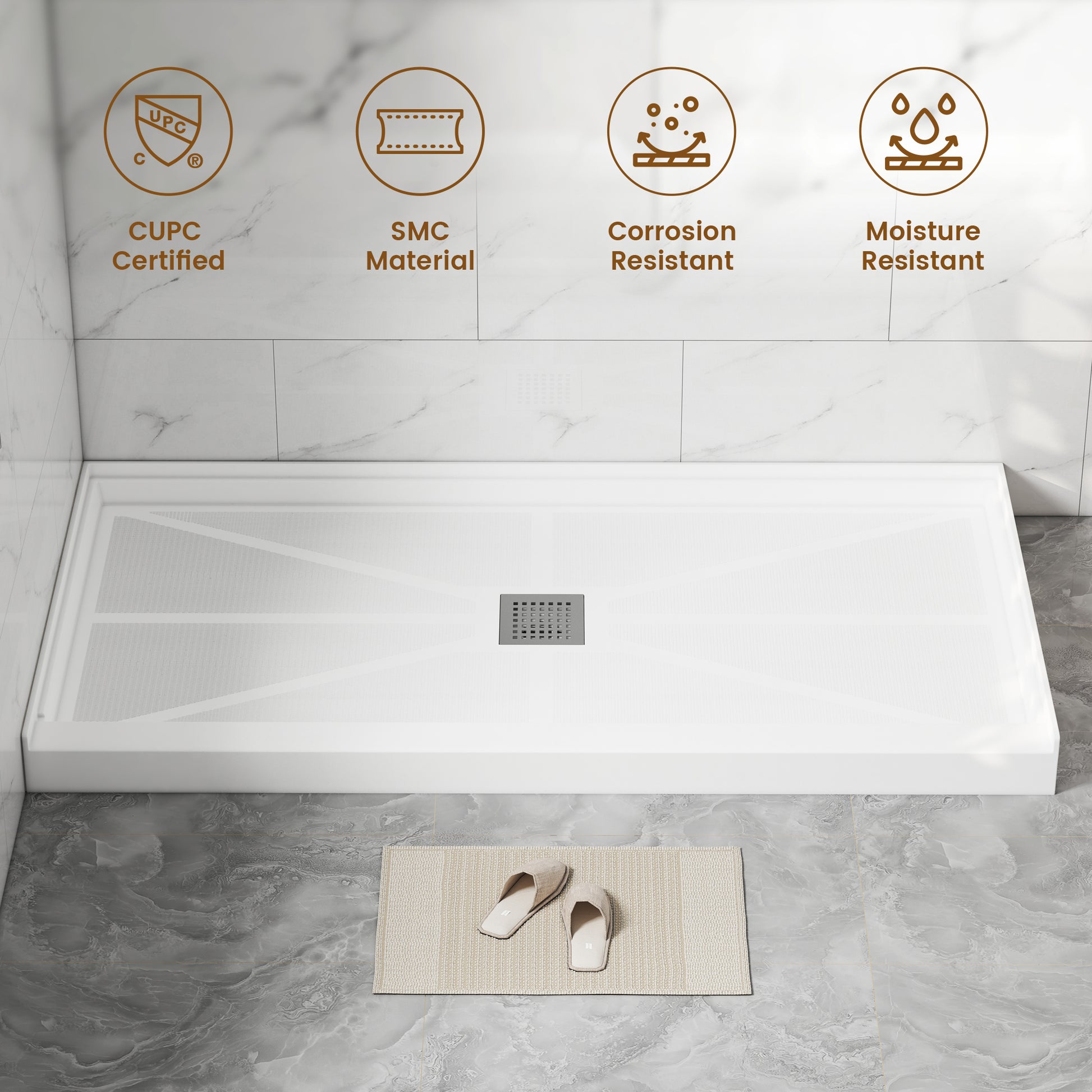 Rectangle SMC White Shower Pan Base with Center Drain