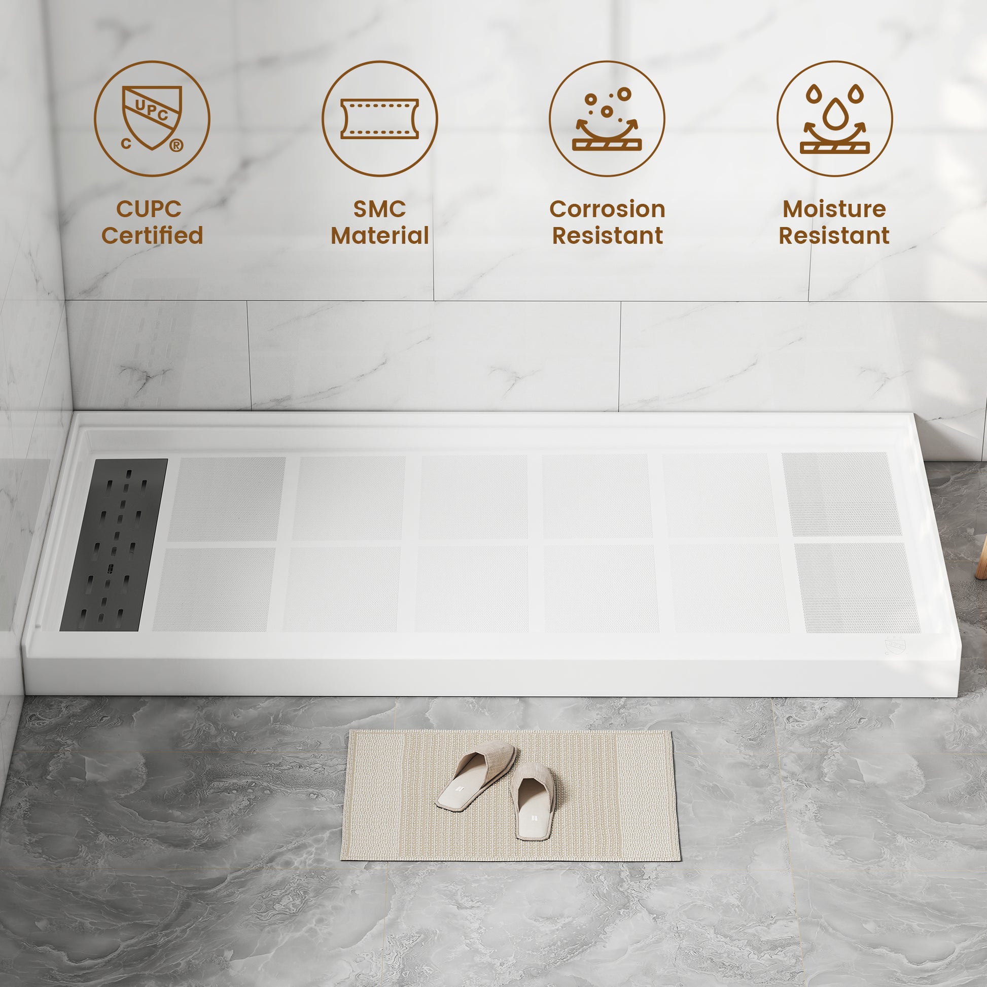 60"x30" SMC Alcove Shower Pan Base in White, Drain Included