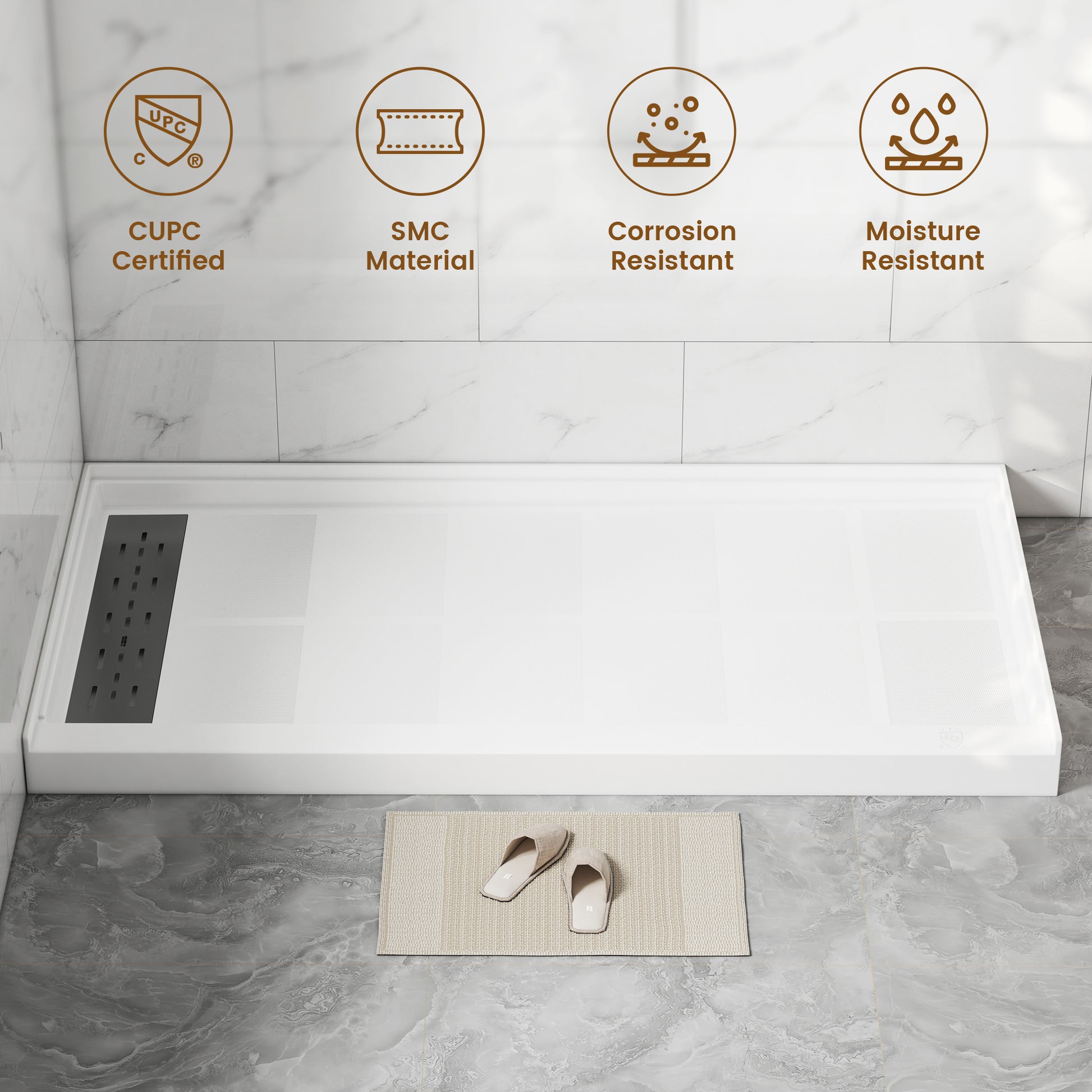 60"x32" White SMC Single Threshold Alcove Shower Pan Base