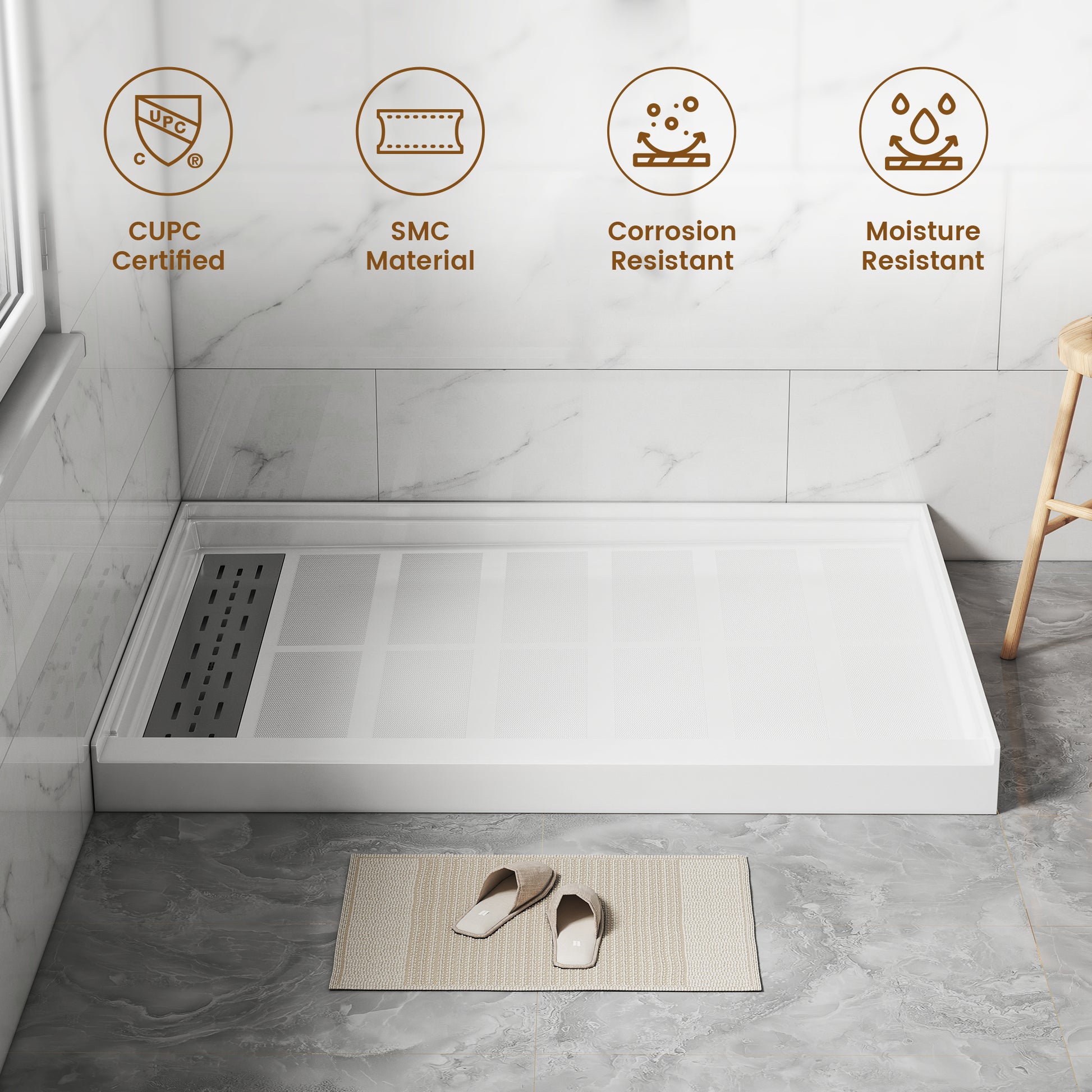 48"x36" SMC White Shower Base with Non-Slip Surface, CUPC Certified