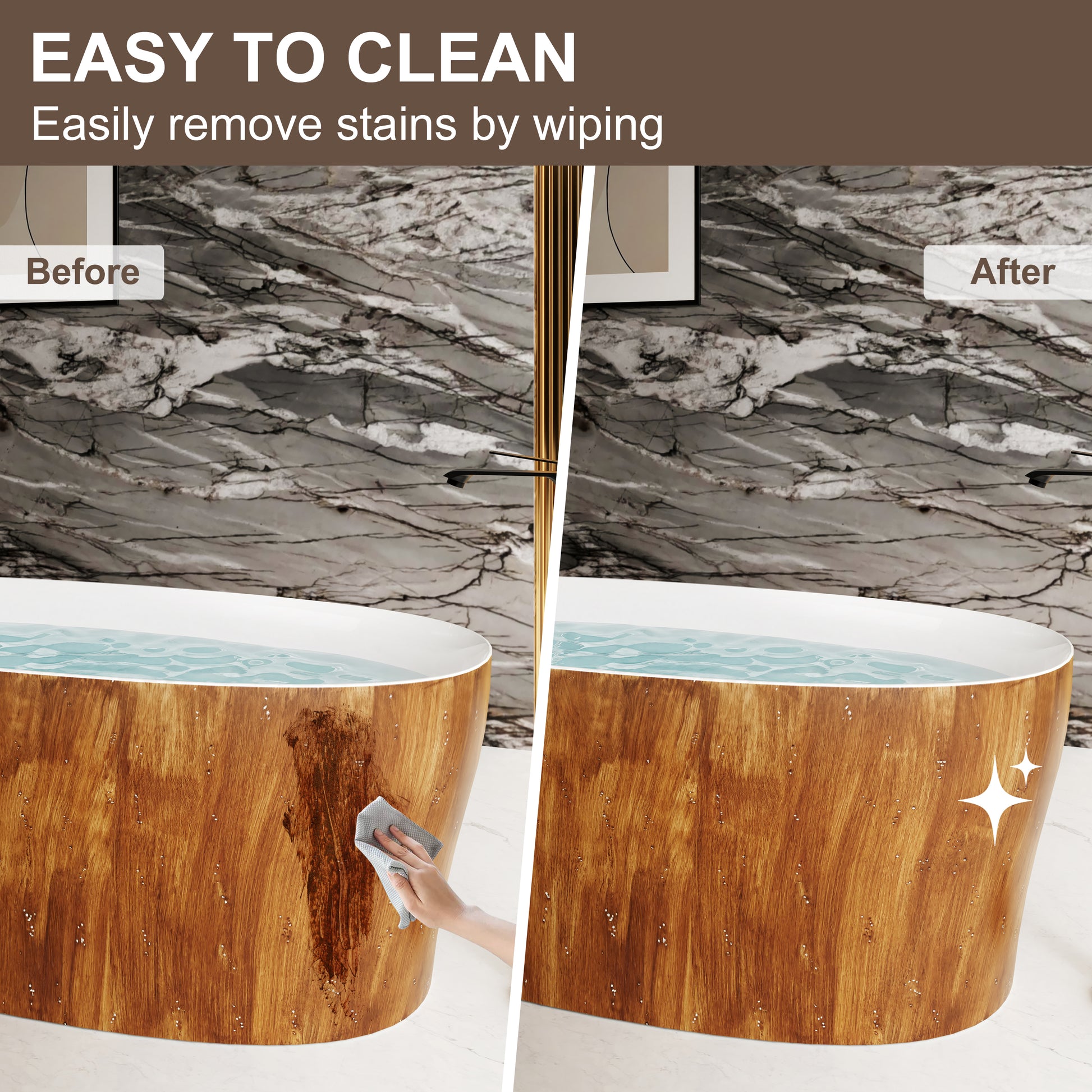 63" Wood Grain Solid Surface Freestanding Bathtub with Ergonomic Back Support - Timber