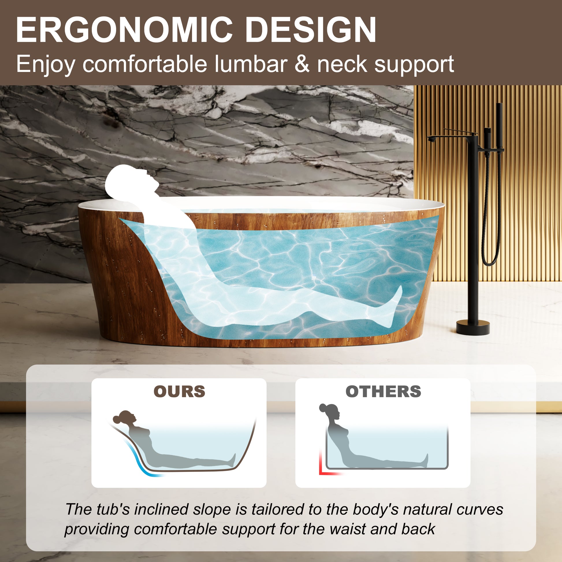 63" Wood Grain Solid Surface Freestanding Bathtub with Ergonomic Back Support - Timber