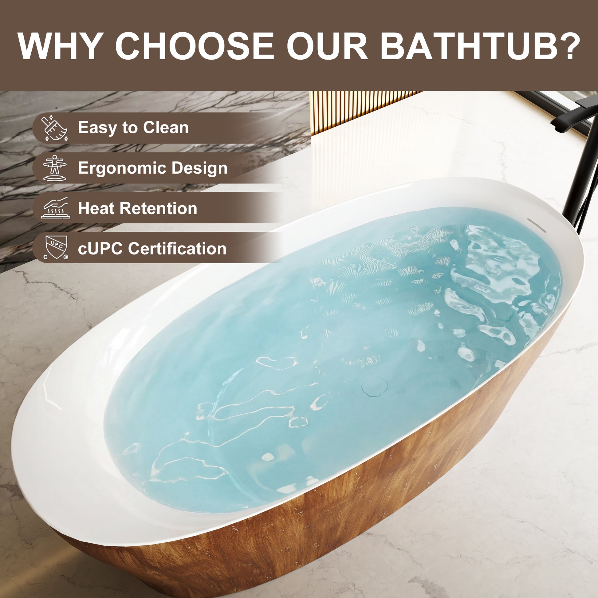 63" Wood Grain Solid Surface Freestanding Bathtub with Ergonomic Back Support - Timber