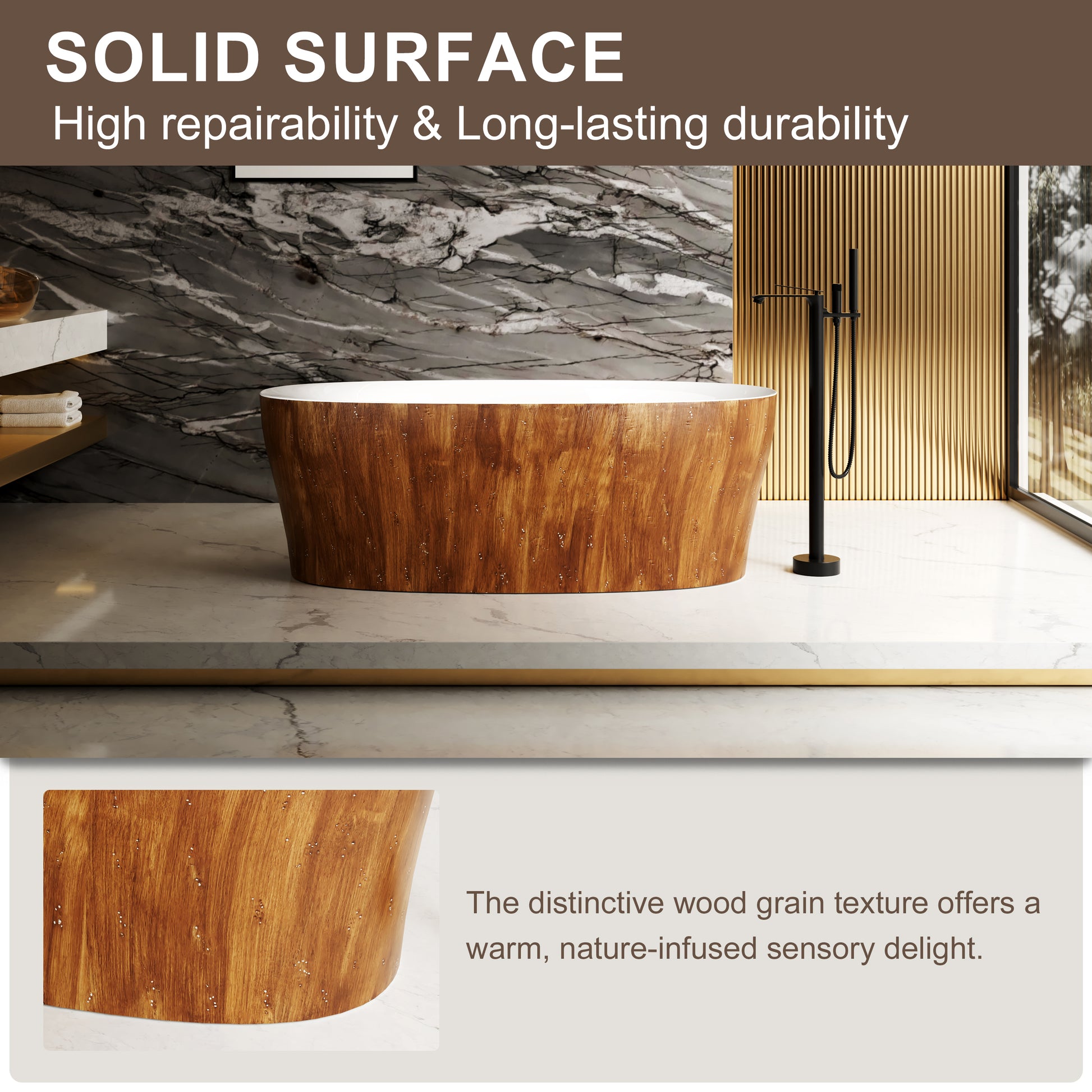 63" Wood Grain Solid Surface Freestanding Bathtub with Ergonomic Back Support - Timber