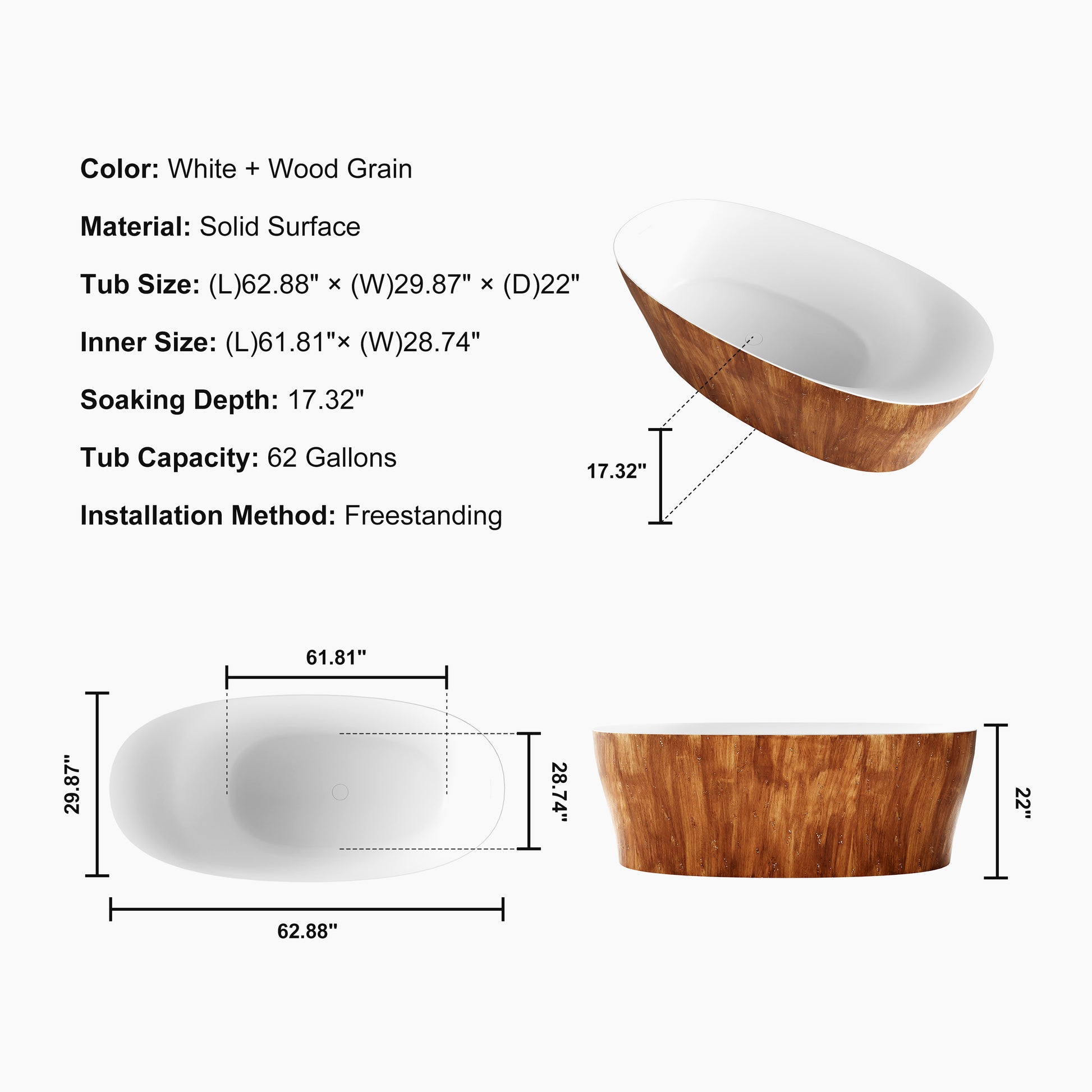 63" Wood Grain Solid Surface Freestanding Bathtub with Ergonomic Back Support - Timber