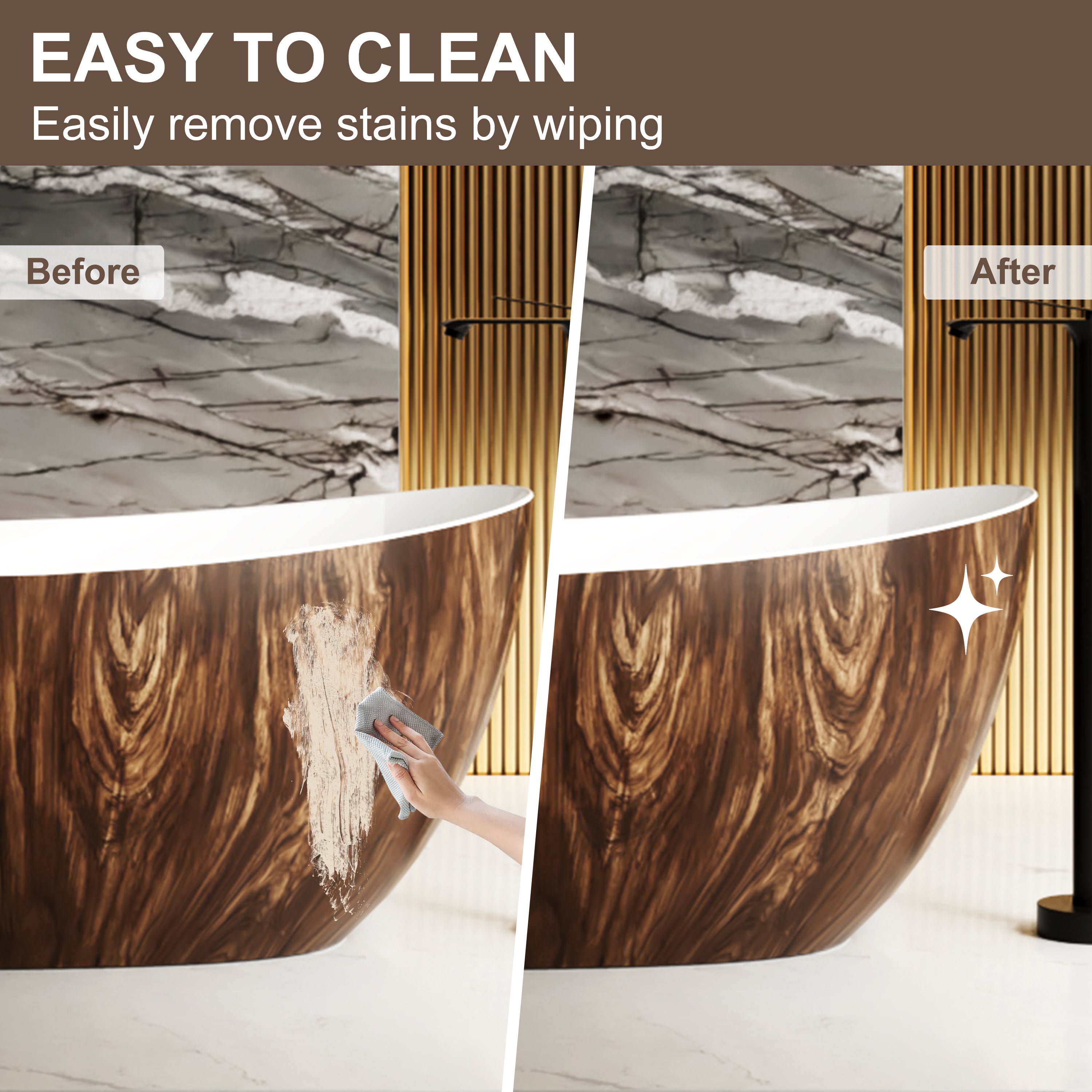67" Crescent Solid Surface Freestanding Bathtub with Wood Grain Exterior & Ergonomic Backrest