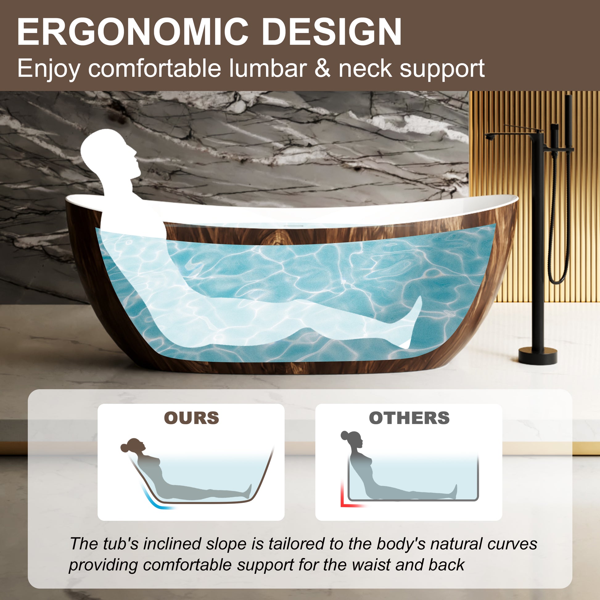 67" Crescent Solid Surface Freestanding Bathtub with Wood Grain Exterior - Timber