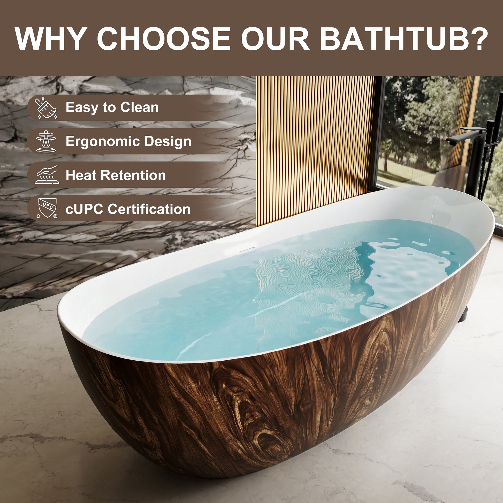 67" Crescent Solid Surface Freestanding Bathtub with Wood Grain Exterior - Timber
