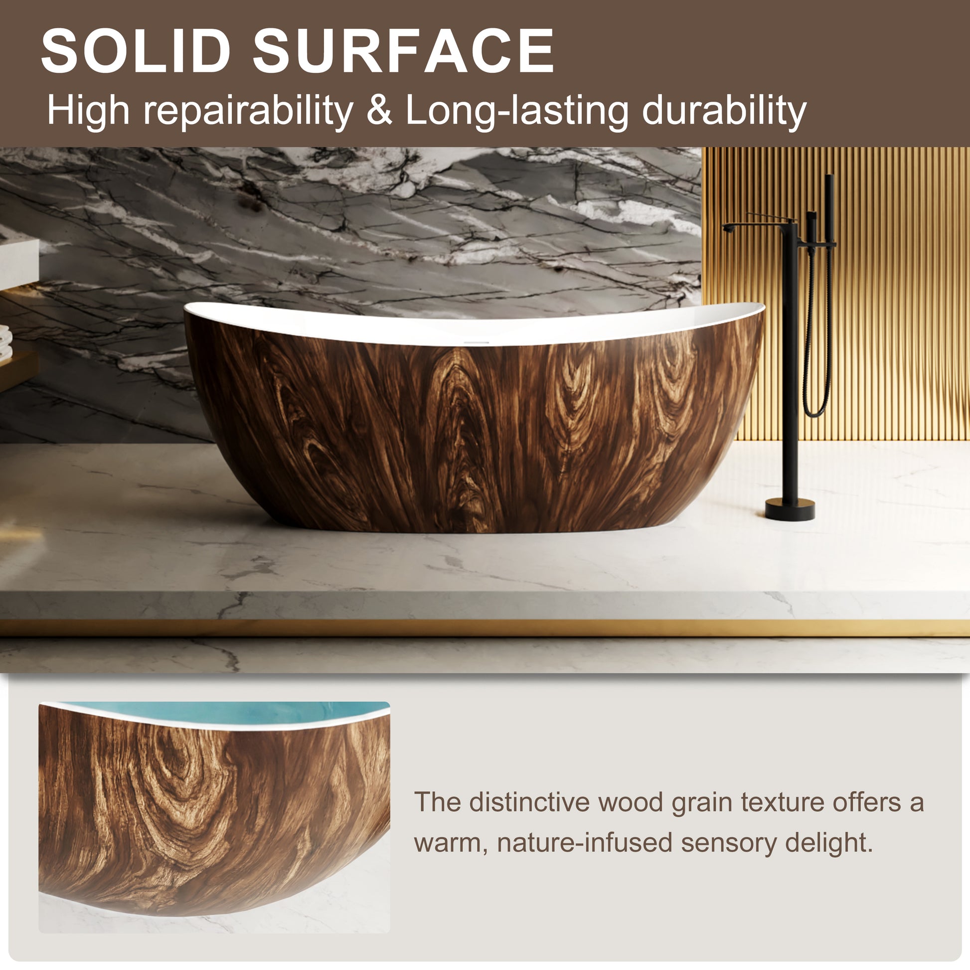 67" Crescent Solid Surface Freestanding Bathtub with Wood Grain Exterior - Timber