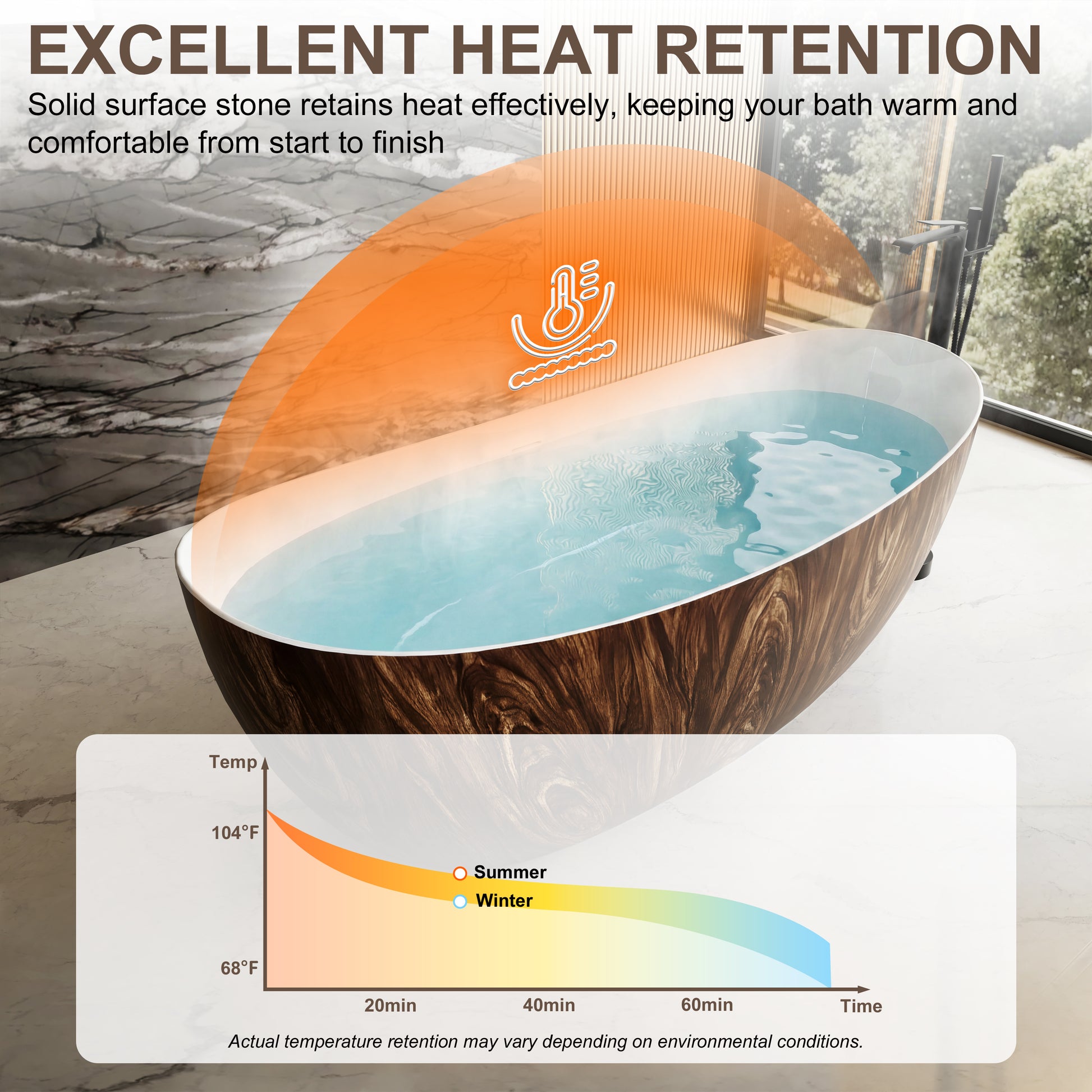 67" Crescent Solid Surface Freestanding Bathtub with Wood Grain Exterior - Timber