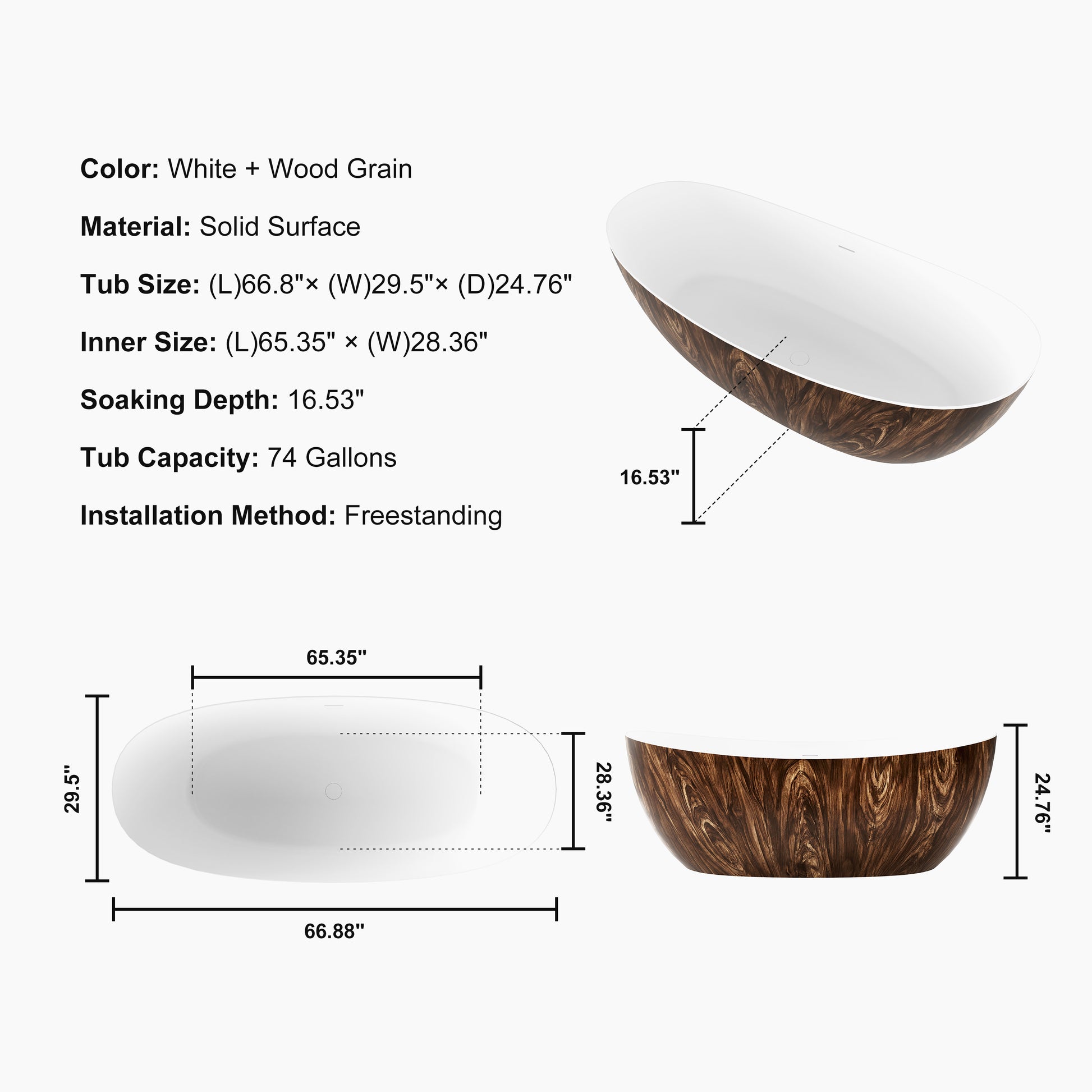 67" Crescent Solid Surface Freestanding Bathtub with Wood Grain Exterior - Timber