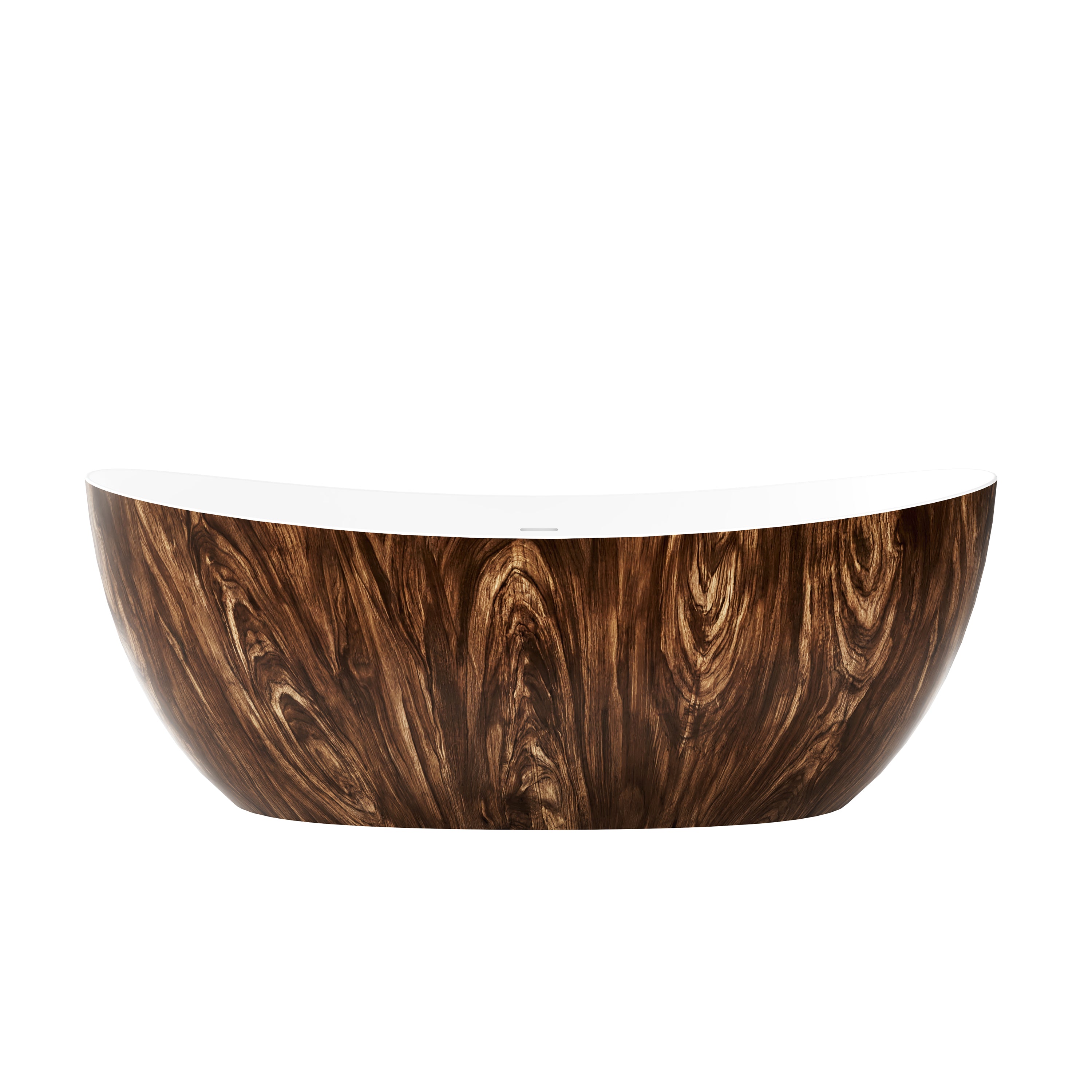 67" Crescent Solid Surface Freestanding Bathtub with Wood Grain Exterior & Ergonomic Backrest