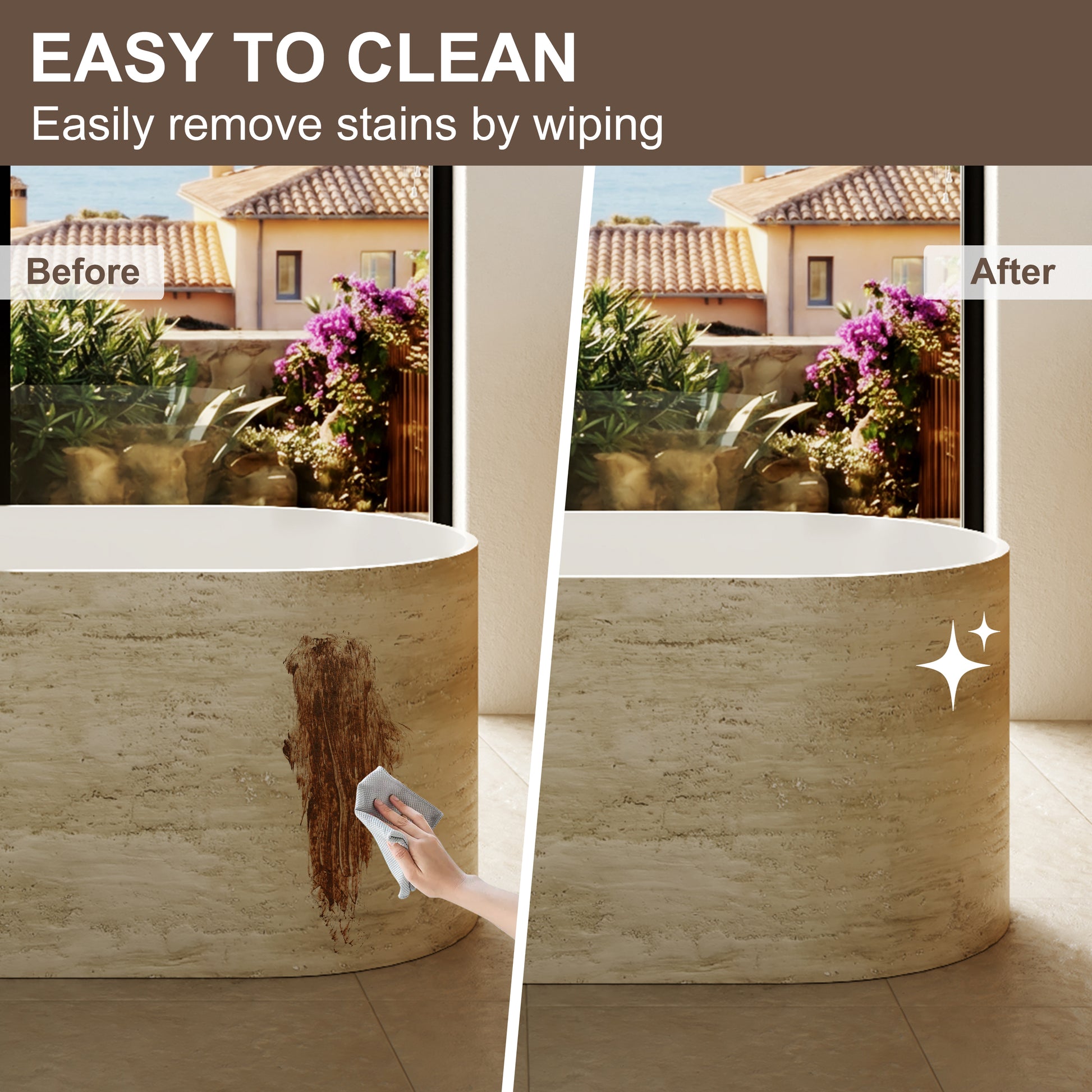 63" Travertine-Inspired Solid Surface Freestanding Bathtub with Handcrafted Texture