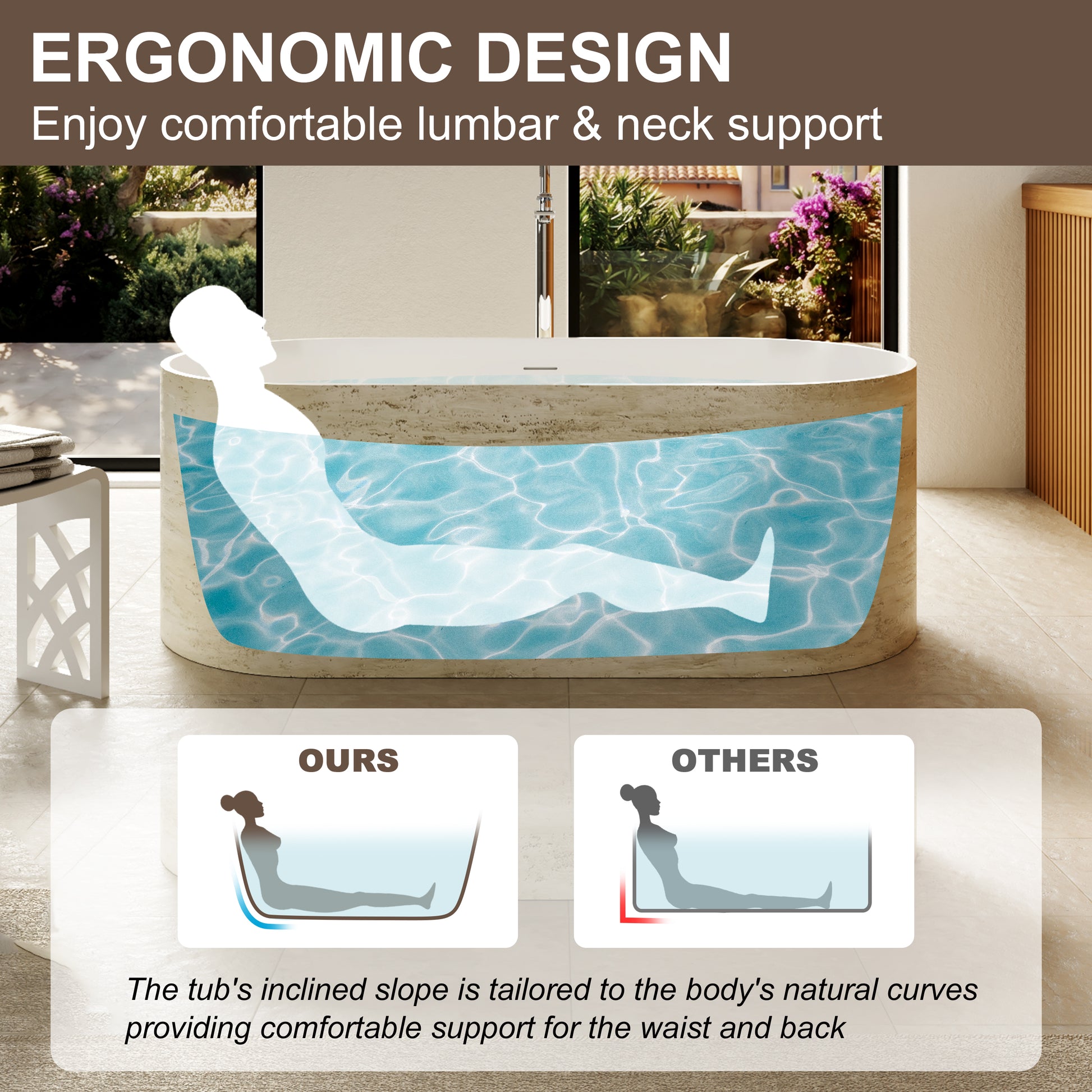 63" Travertine-Inspired Solid Surface Freestanding Bathtub with Handcrafted Texture