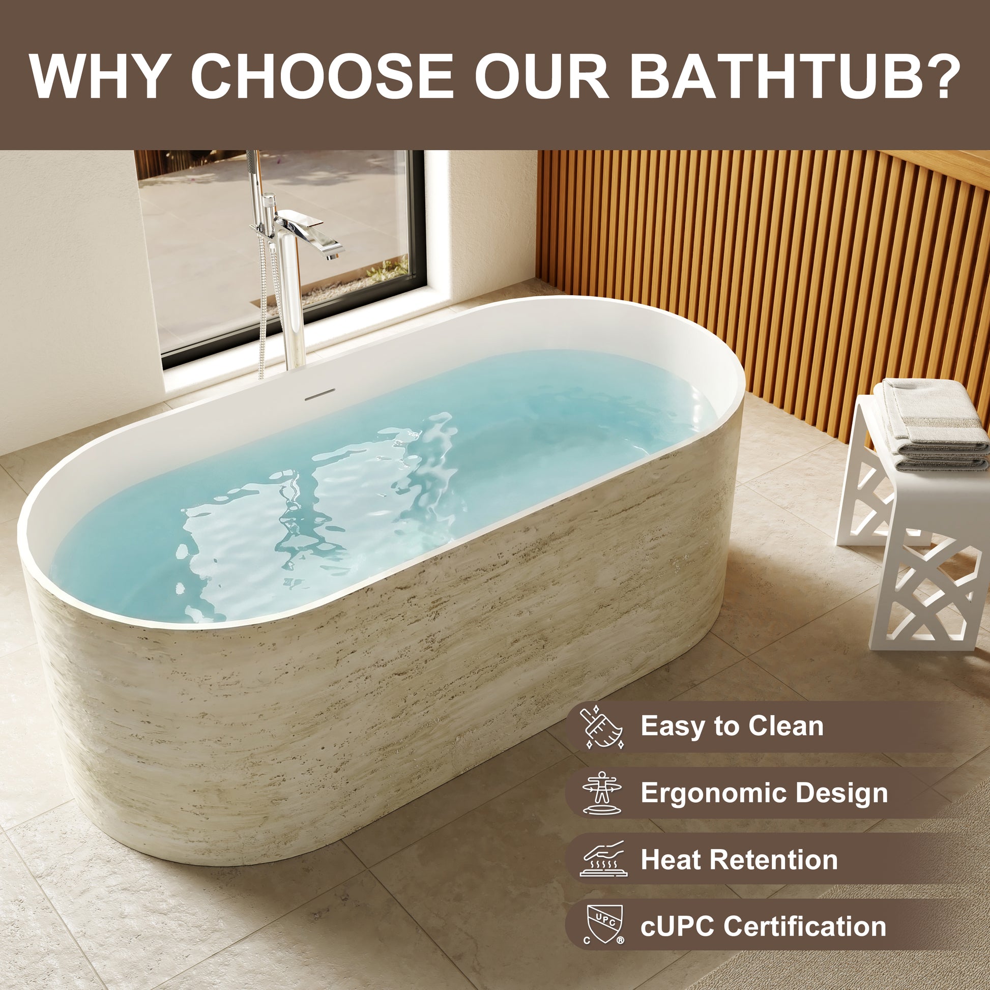 63" Travertine-Inspired Solid Surface Freestanding Bathtub with Handcrafted Texture