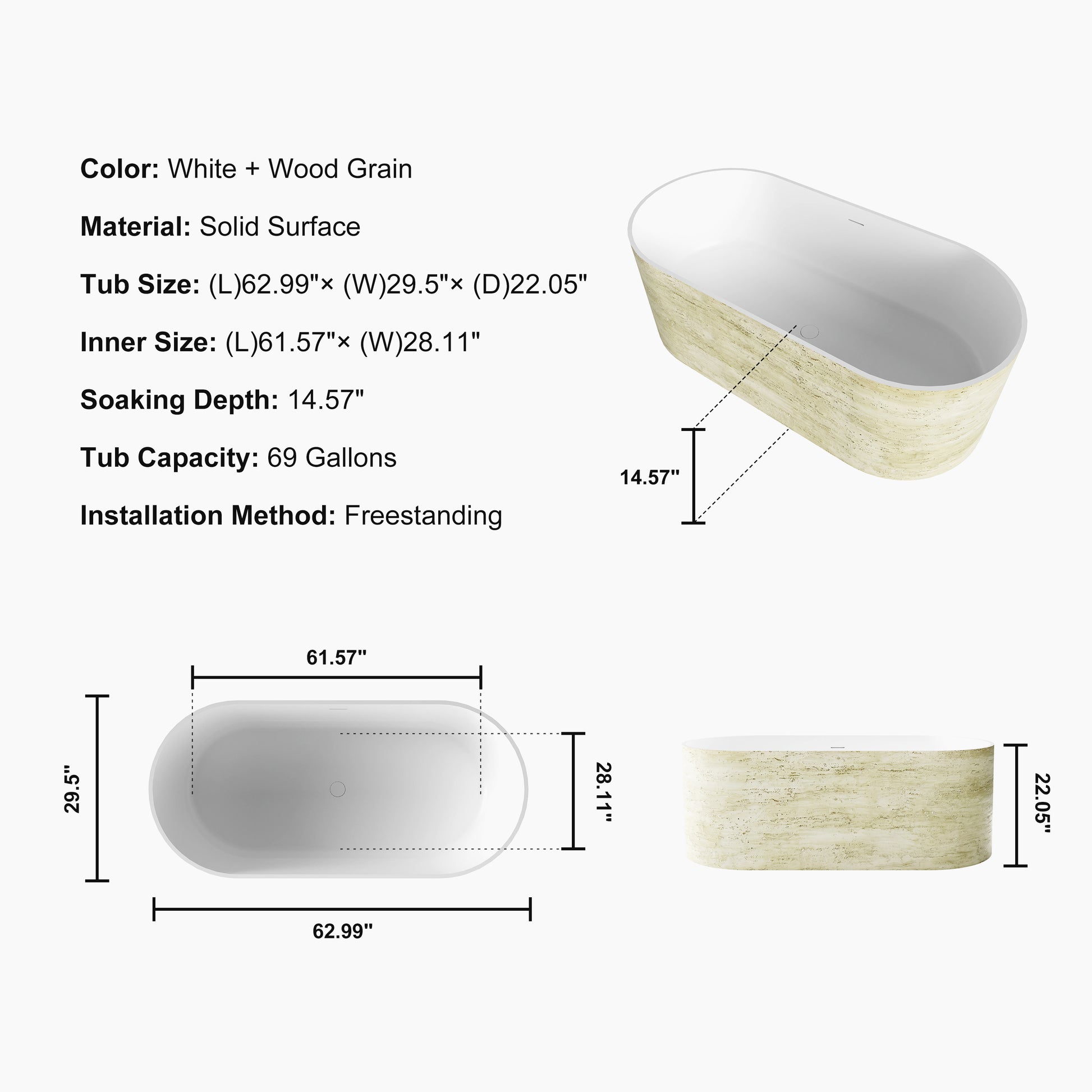 63" Travertine-Inspired Solid Surface Freestanding Bathtub with Handcrafted Texture