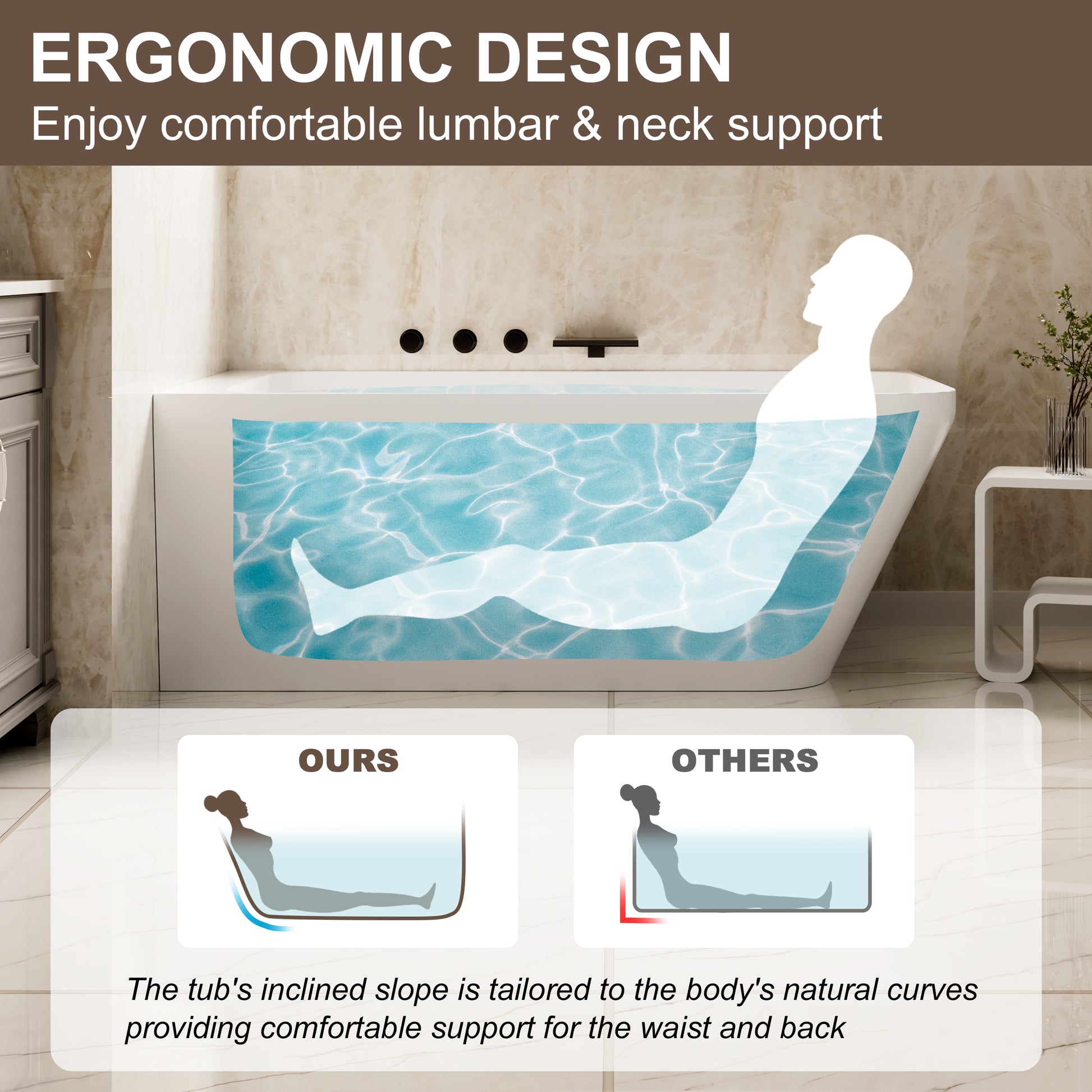 59" Alcove Solid Surface Soaking Bathtub with Left Overflow and Drain