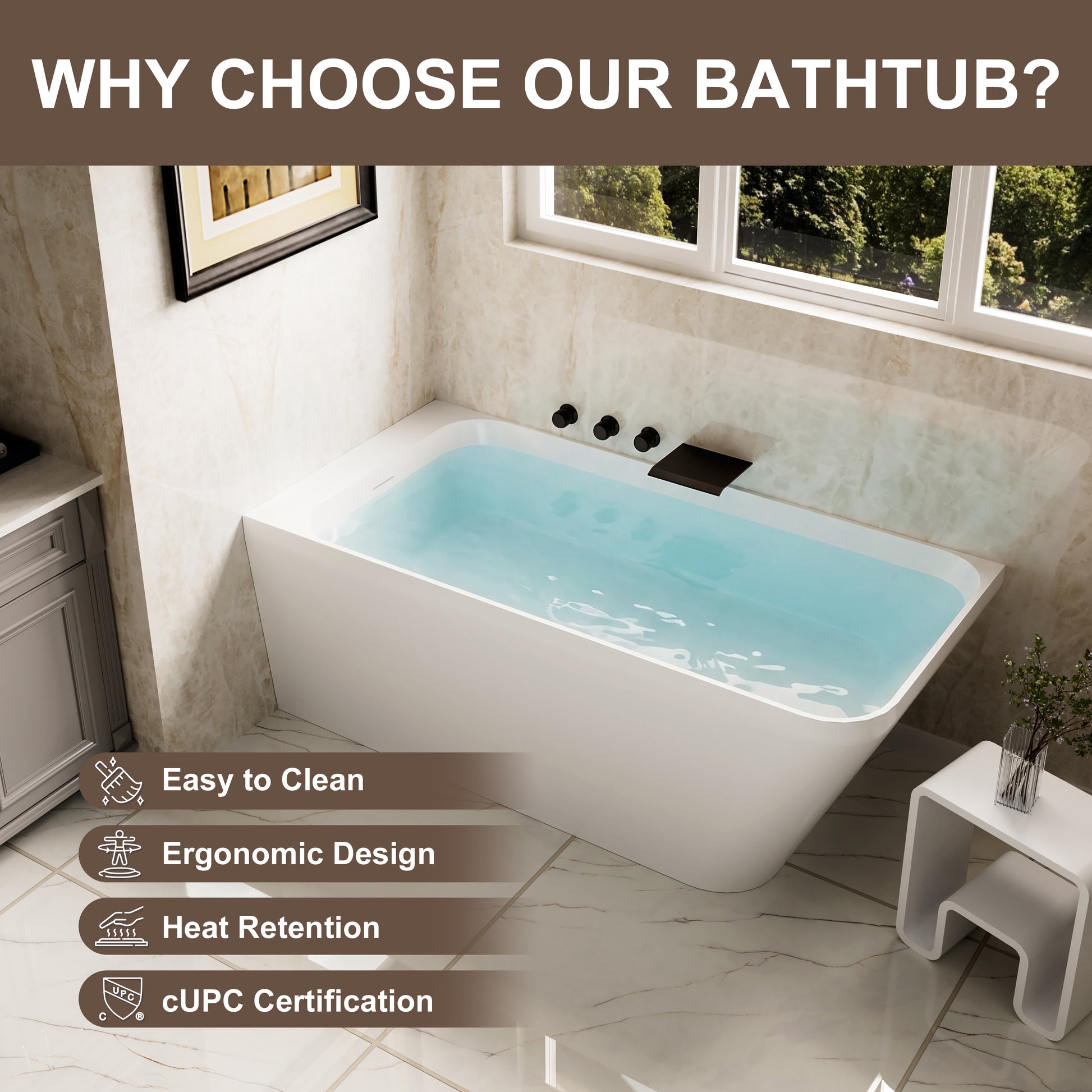 59" Alcove Solid Surface Soaking Bathtub with Left Overflow and Drain