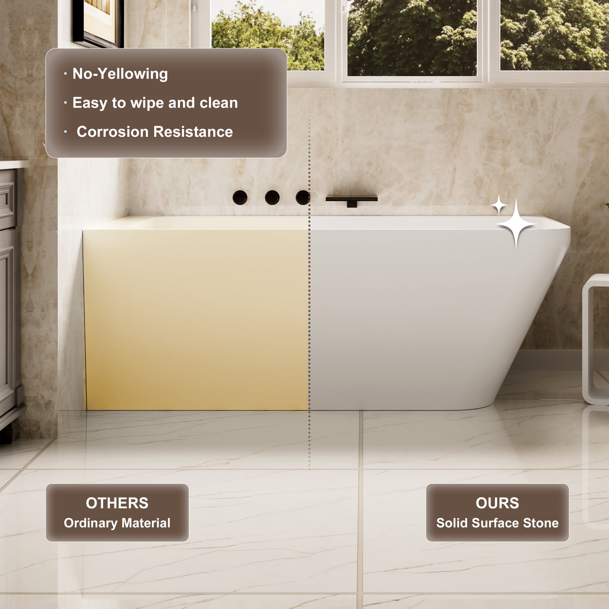 59" Alcove Solid Surface Soaking Bathtub with Left Overflow and Drain